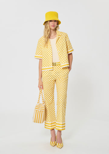 shirt in yellow checkered pattern linen