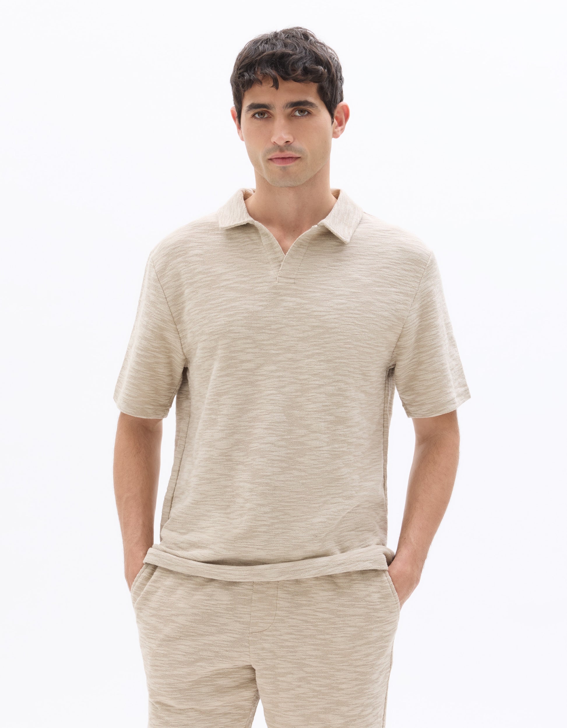 Celio Regular Fit Cuban Collar Bouclé Effect Polo - Beige
