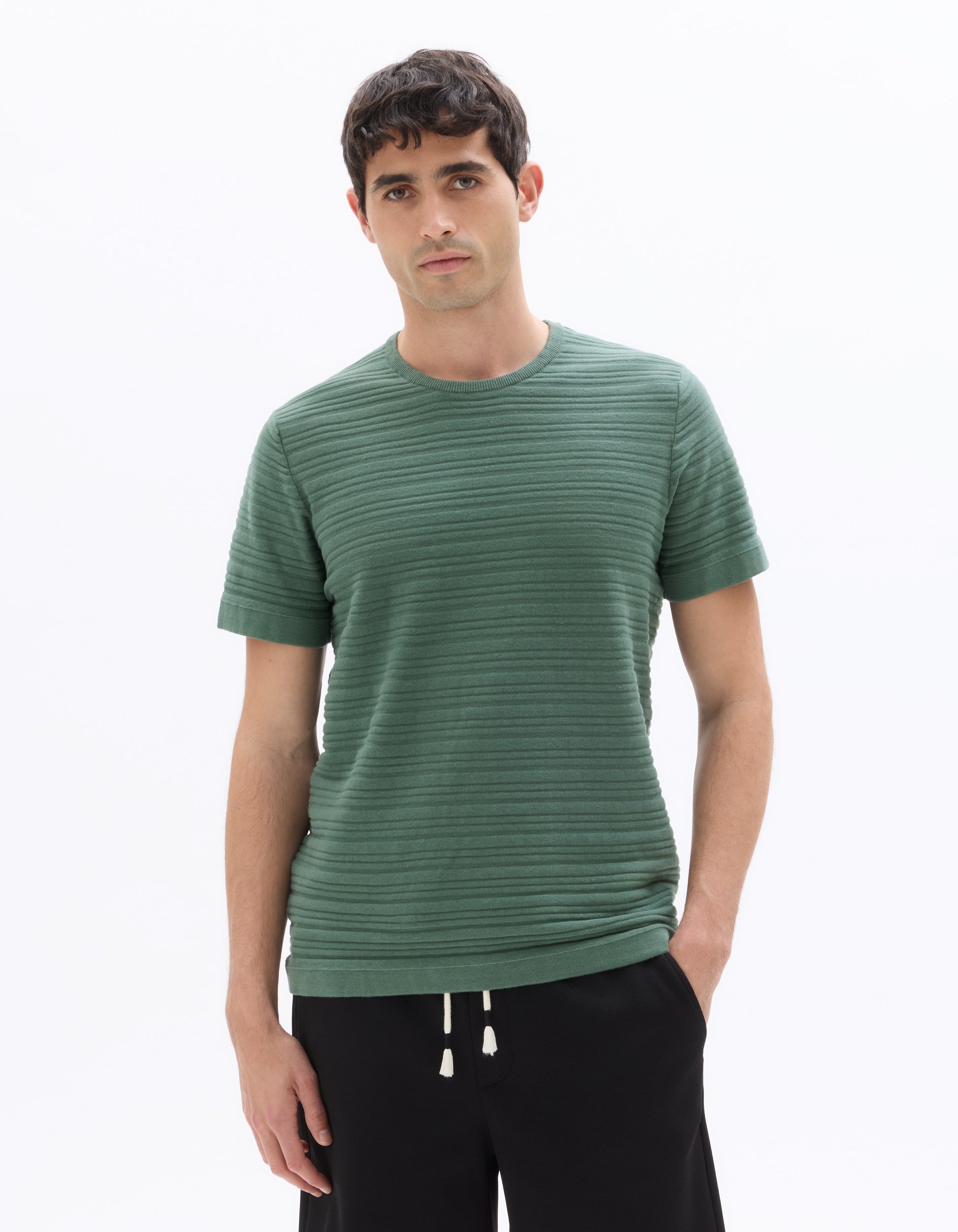 Celio 100% Cotton Regular Fit Textured Knit T-Shirt - Green
