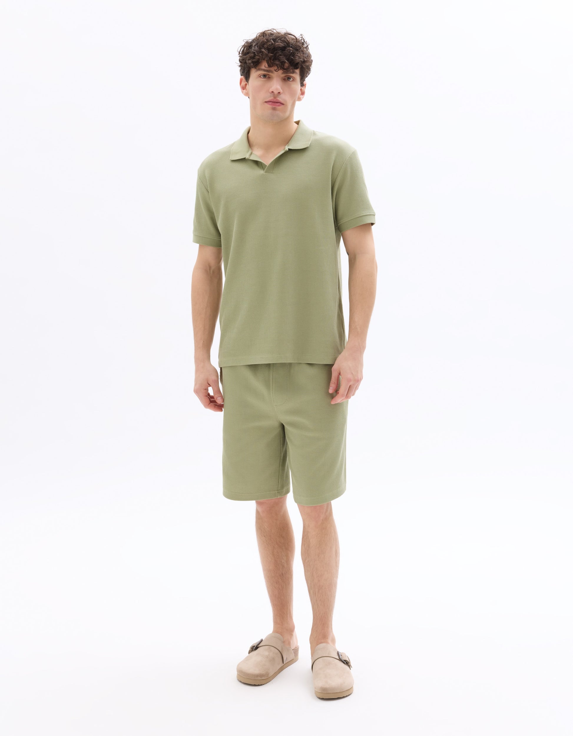 Celio Regular fit ribbed knit 100% cotton polo - Green