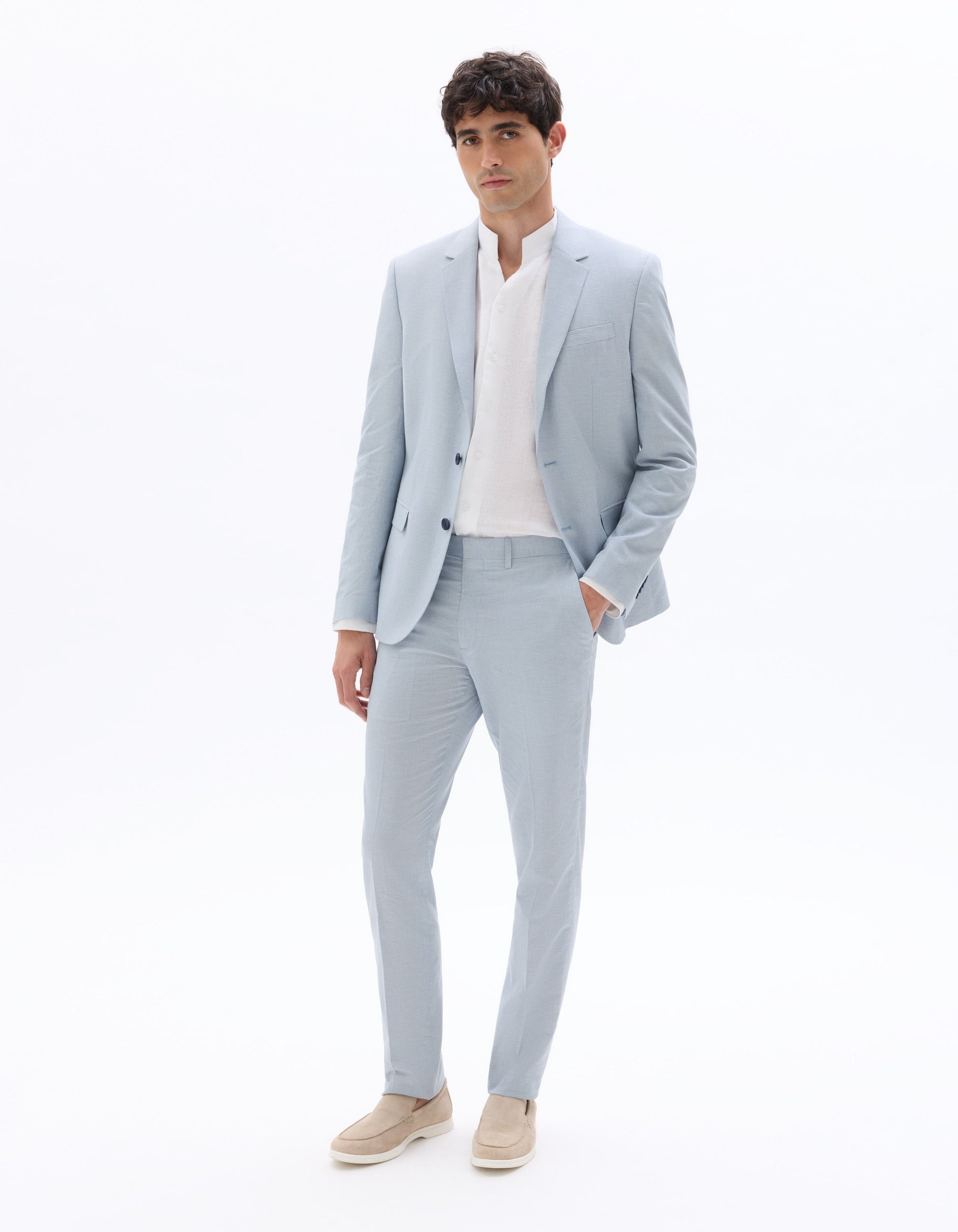 Blue Slim Fit Checked Cotton and Linen Suit Jacket Celio