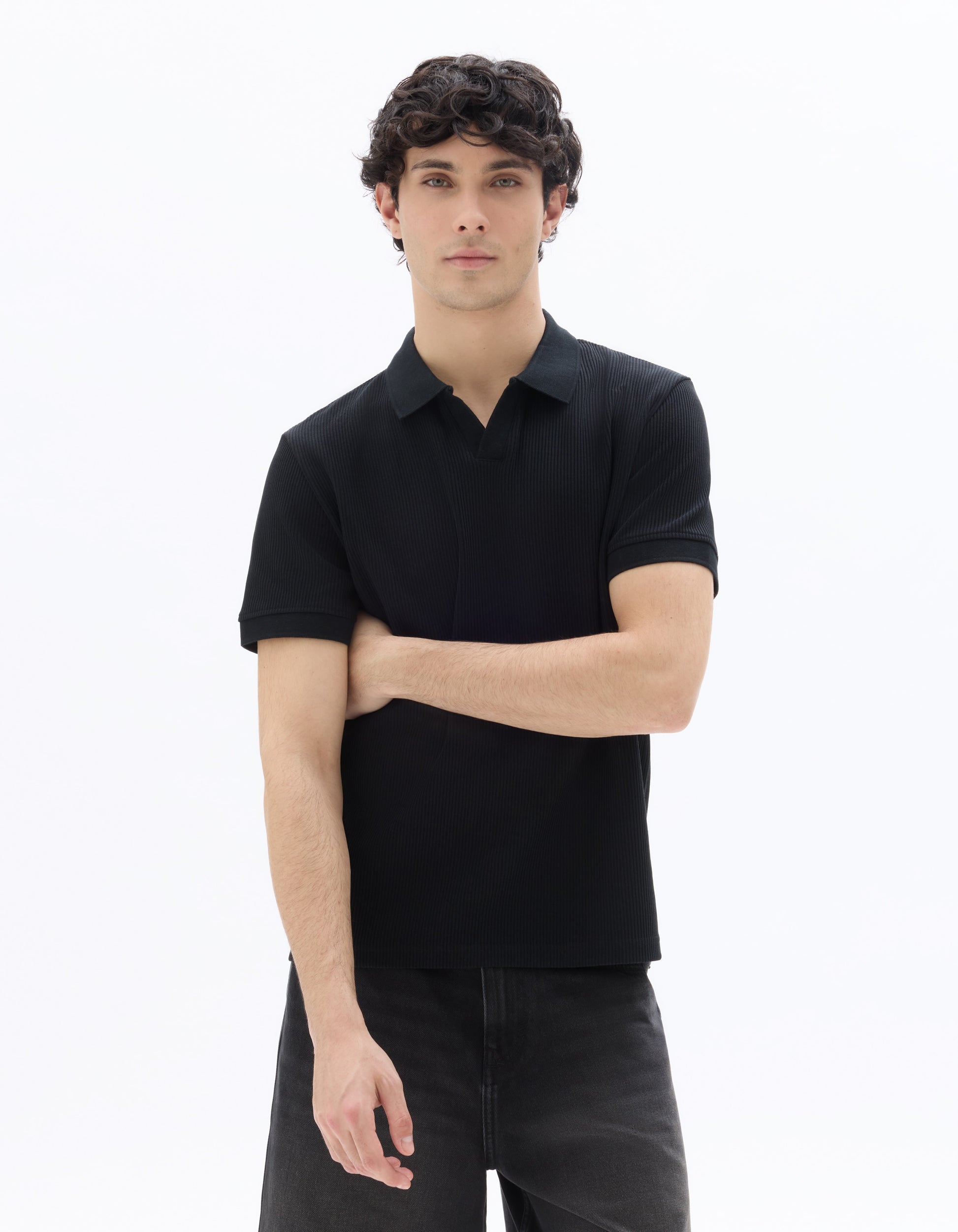 Celio Black Regular Fit 100% Cotton Ribbed Knit Polo - Black