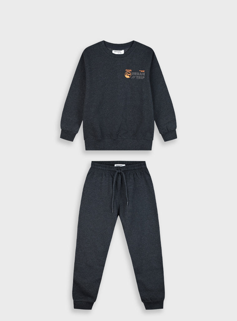 Cotton Blend Boy Tracksuit - Dark Grey
