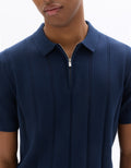 Celio Striped Zip-Neck Polo - Navy