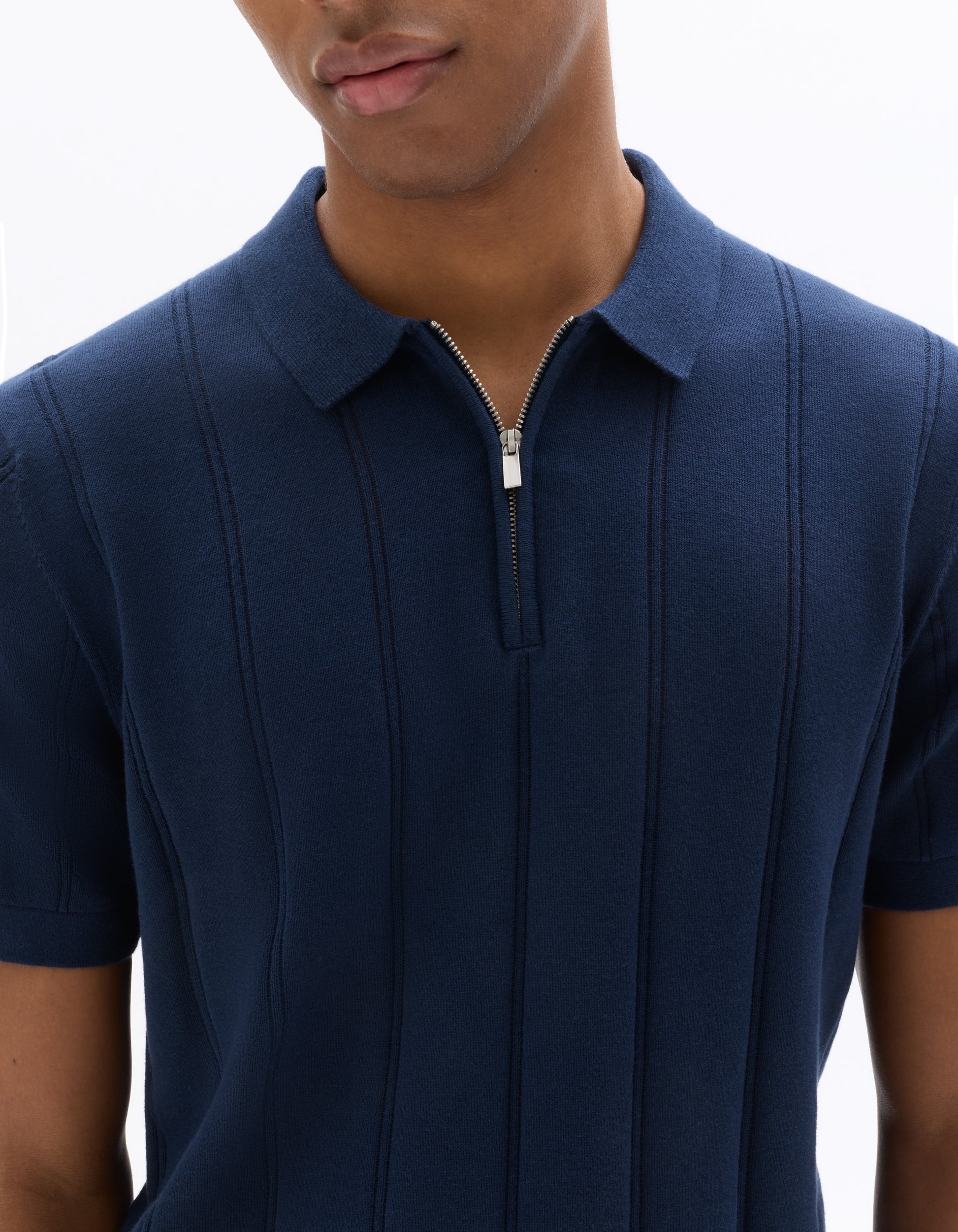 Celio Striped Zip-Neck Polo - Navy
