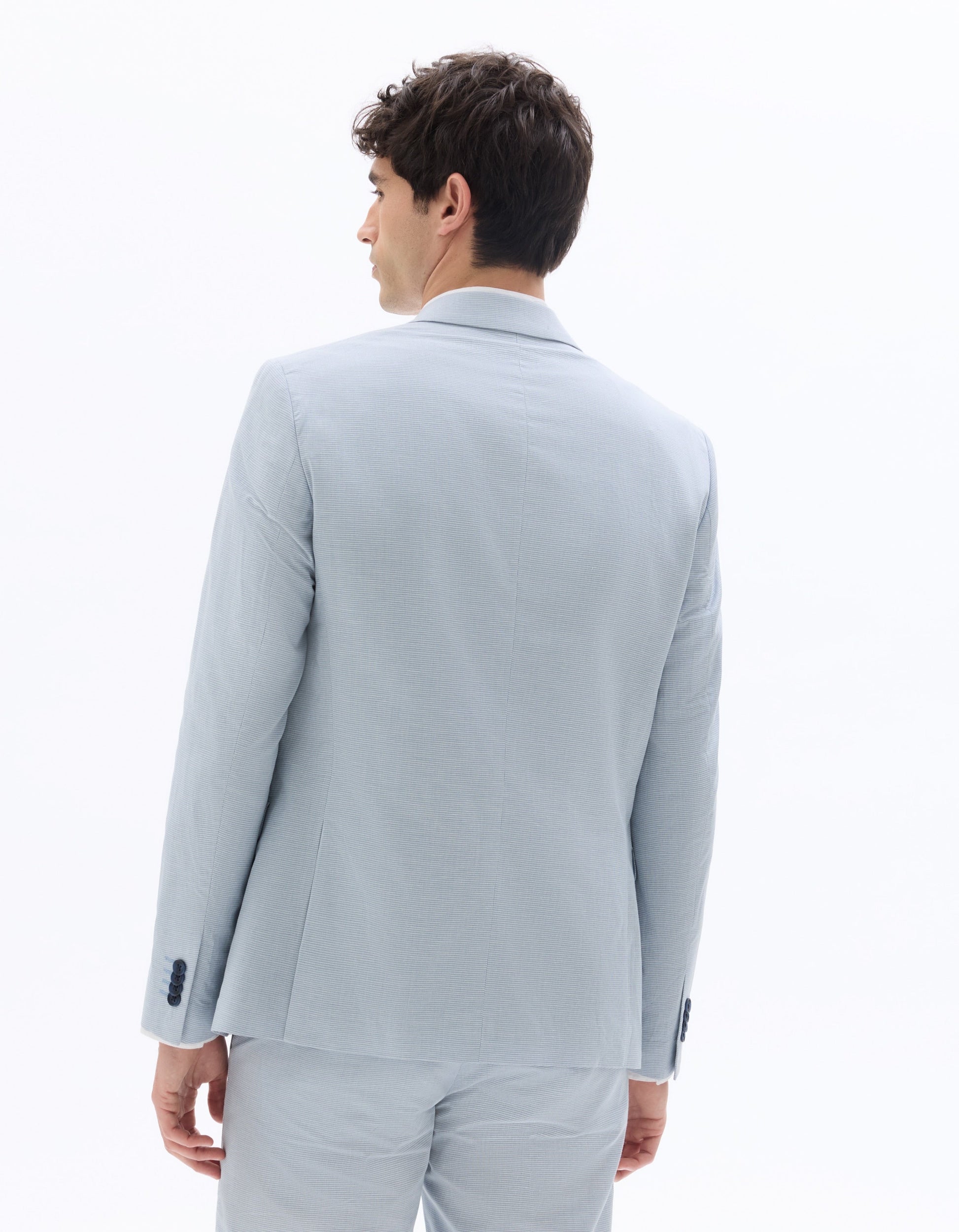 Blue Slim Fit Checked Cotton and Linen Suit Jacket Celio