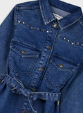 Cotton Blend Girl Dress - Blue Denim