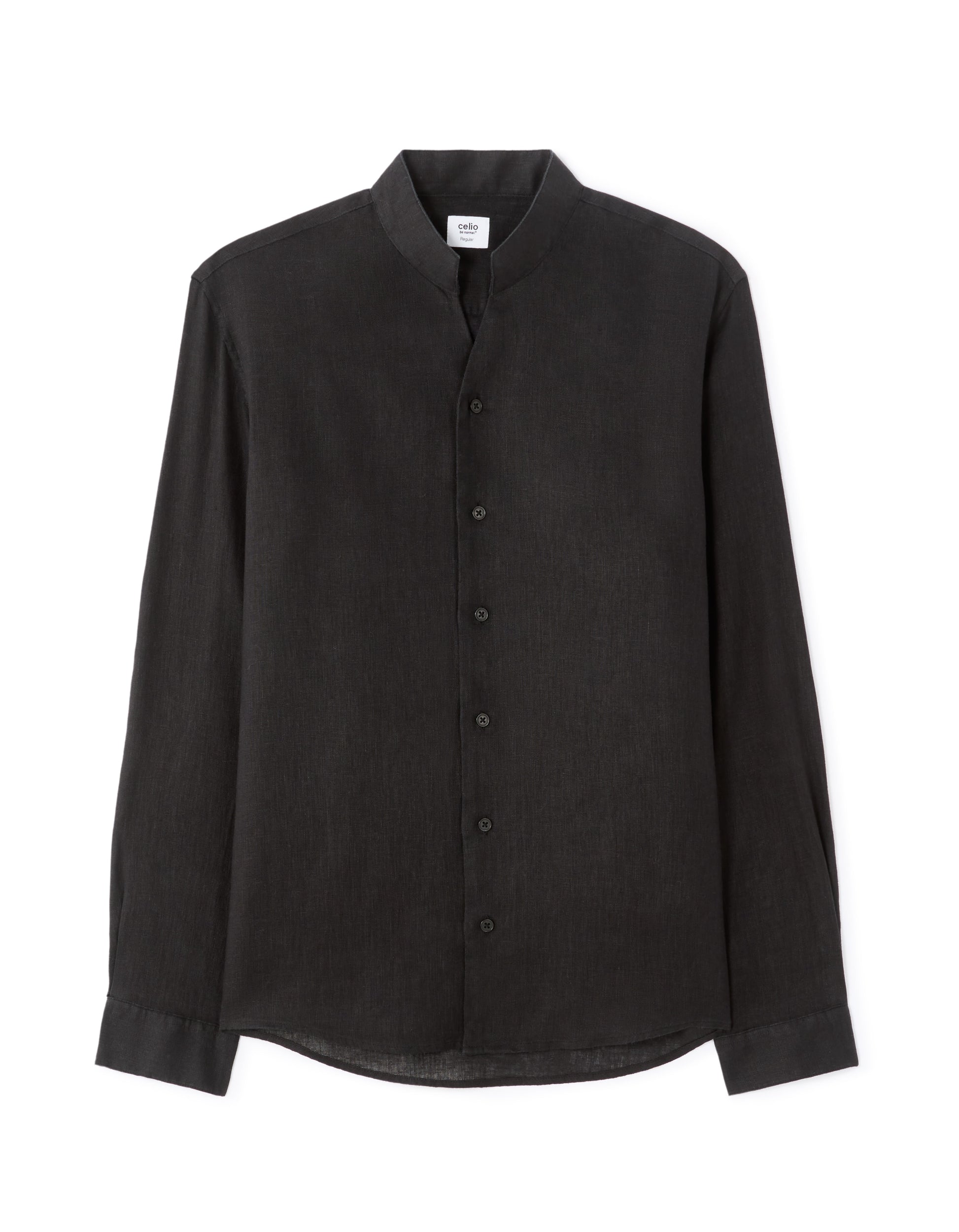 Celio Regular Fit Stand-Up Collar 100% Linen Shirt - Black