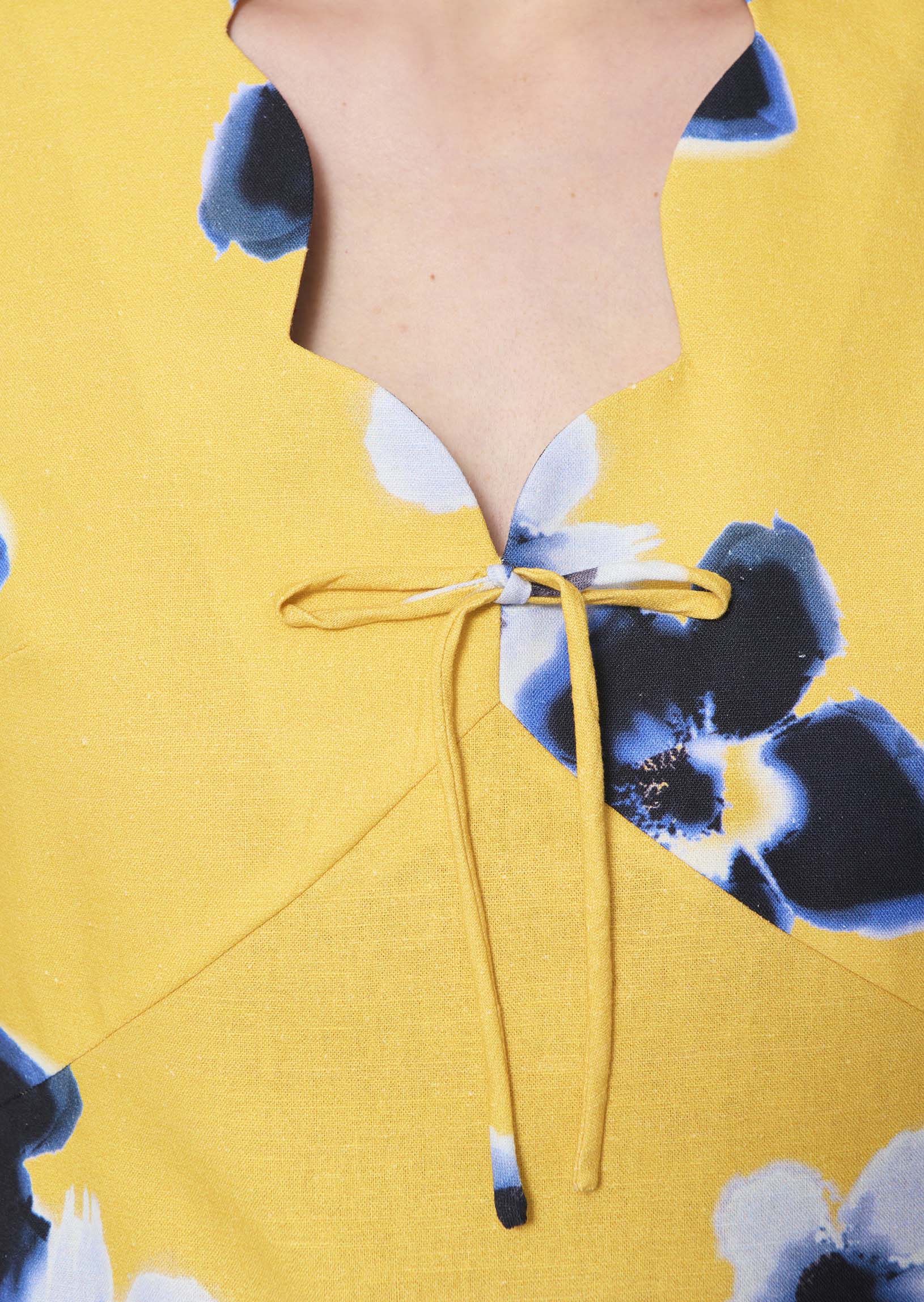 dress in yellow floral printed linen and cotton