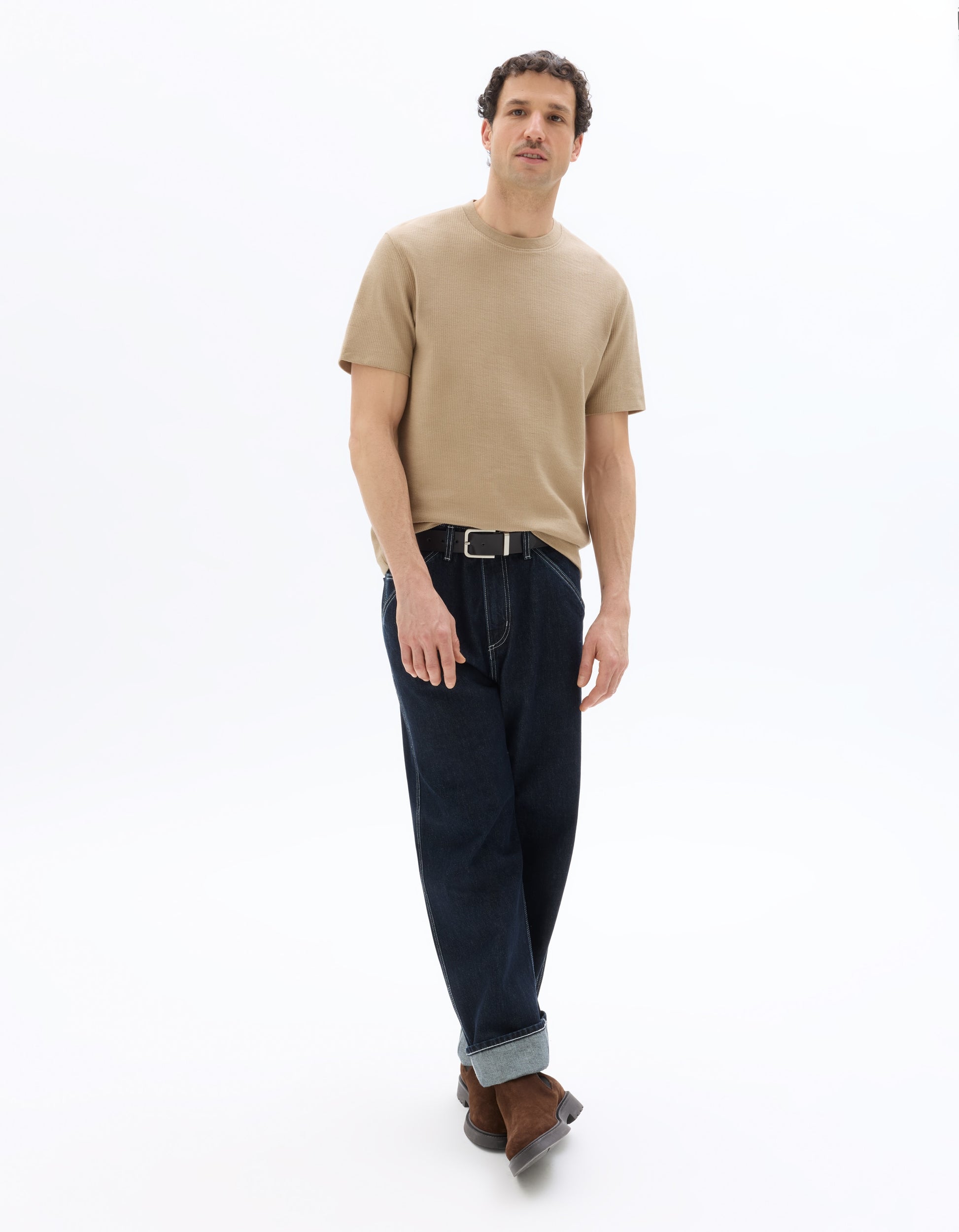 Celio Boxy Crew Neck Textured 100% Cotton T-Shirt - Beige
