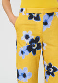 trousers in yellow floral printed linen and cotton