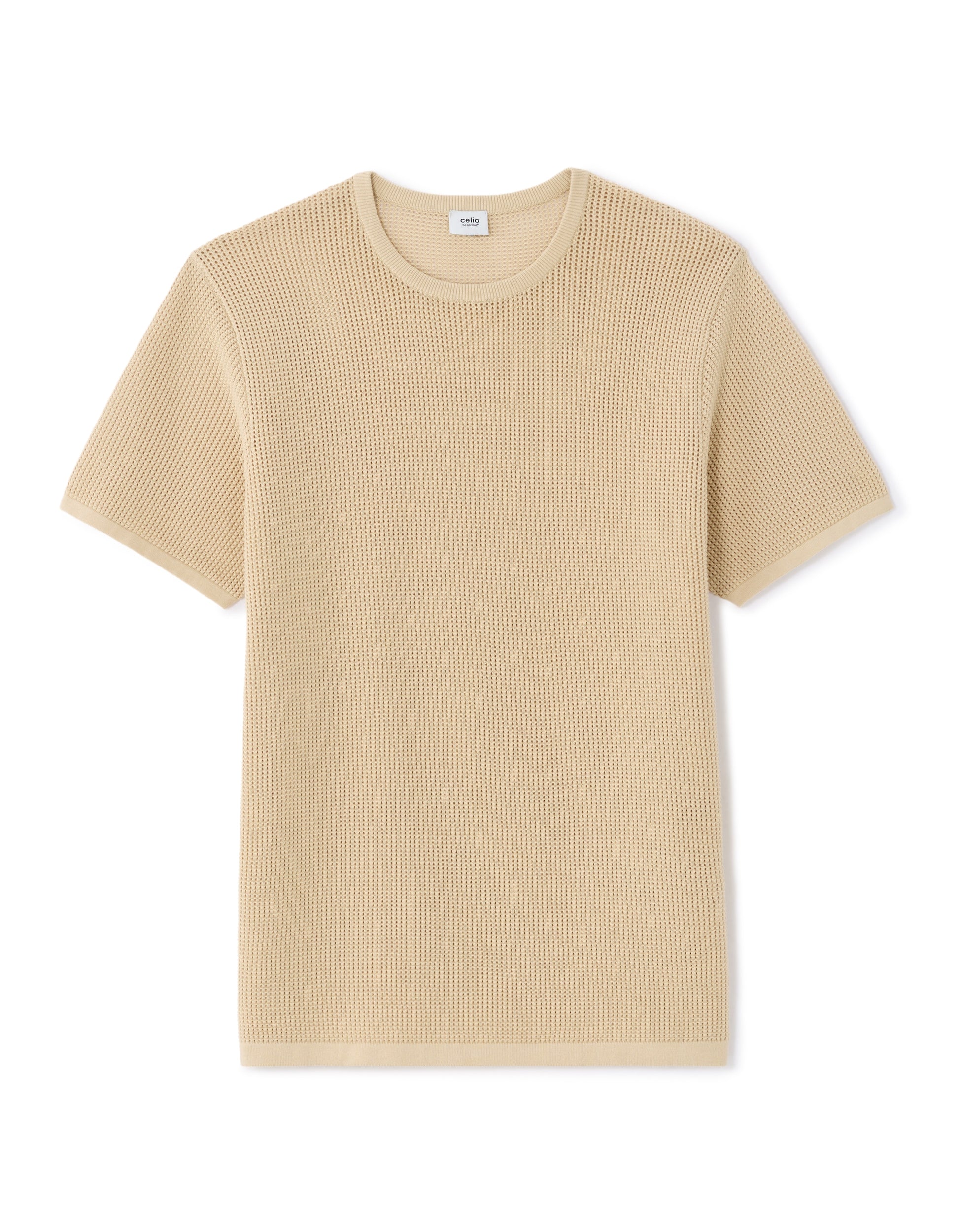 Celio Regular Fit Crew Neck 100% Cotton Pointelle Knit T-shirt - Beige