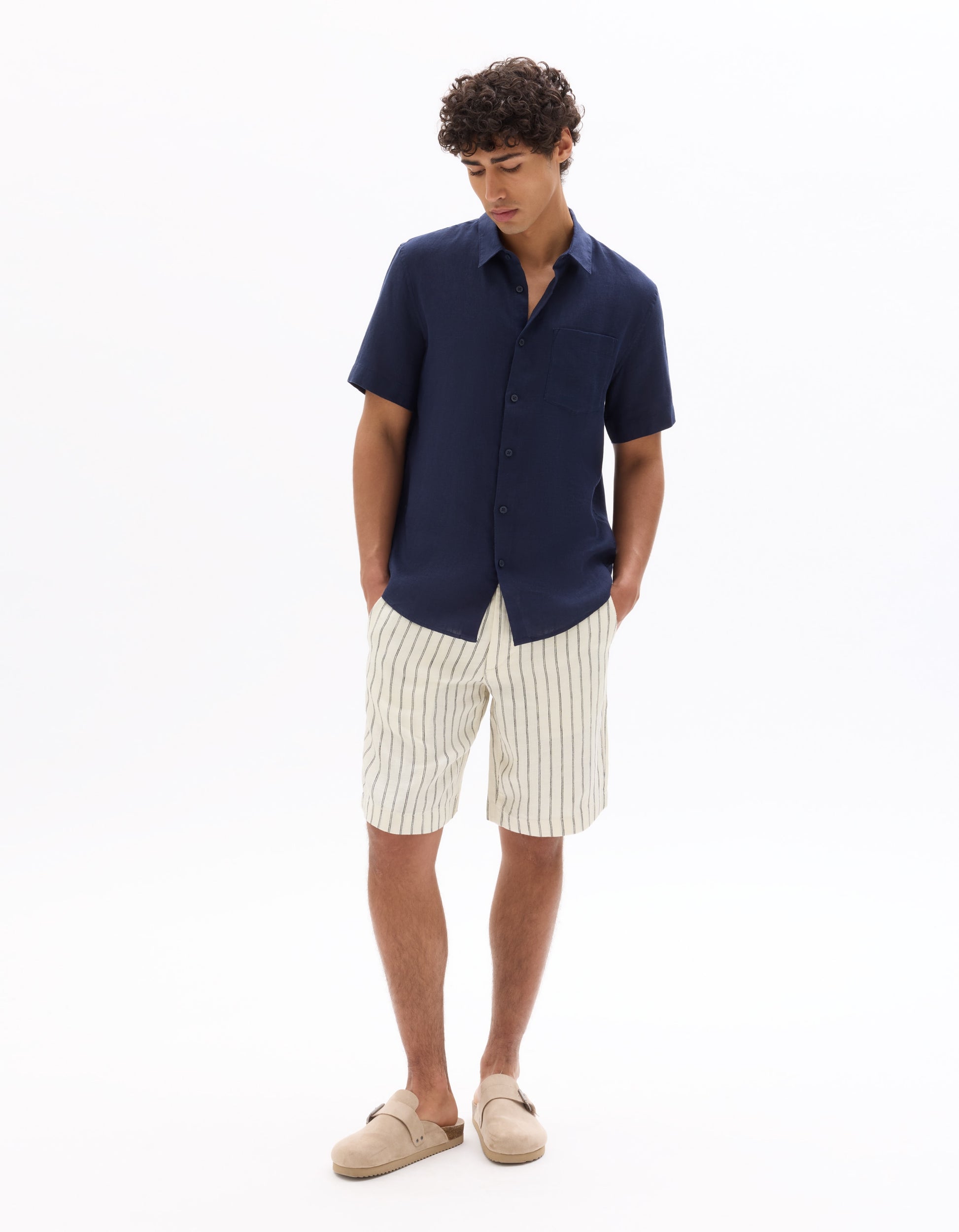 Celio Striped 100% Linen Bermuda Shorts - White