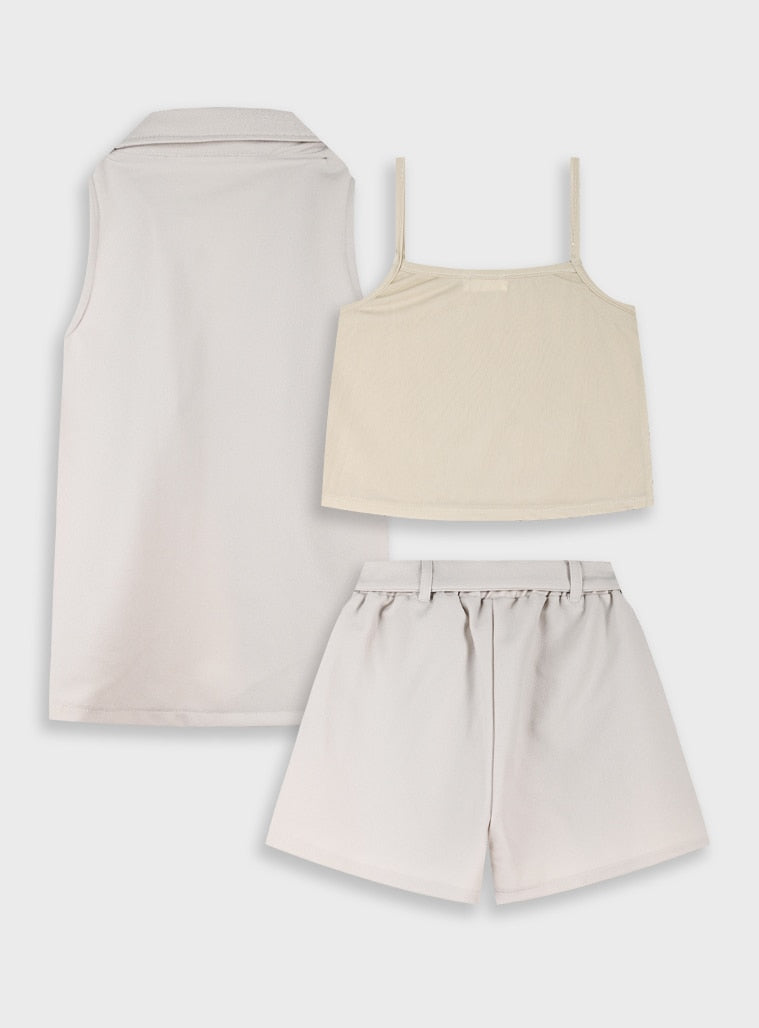 Yellow 3 Pcs.Set(Top,Shorts,Vest) for Girls
