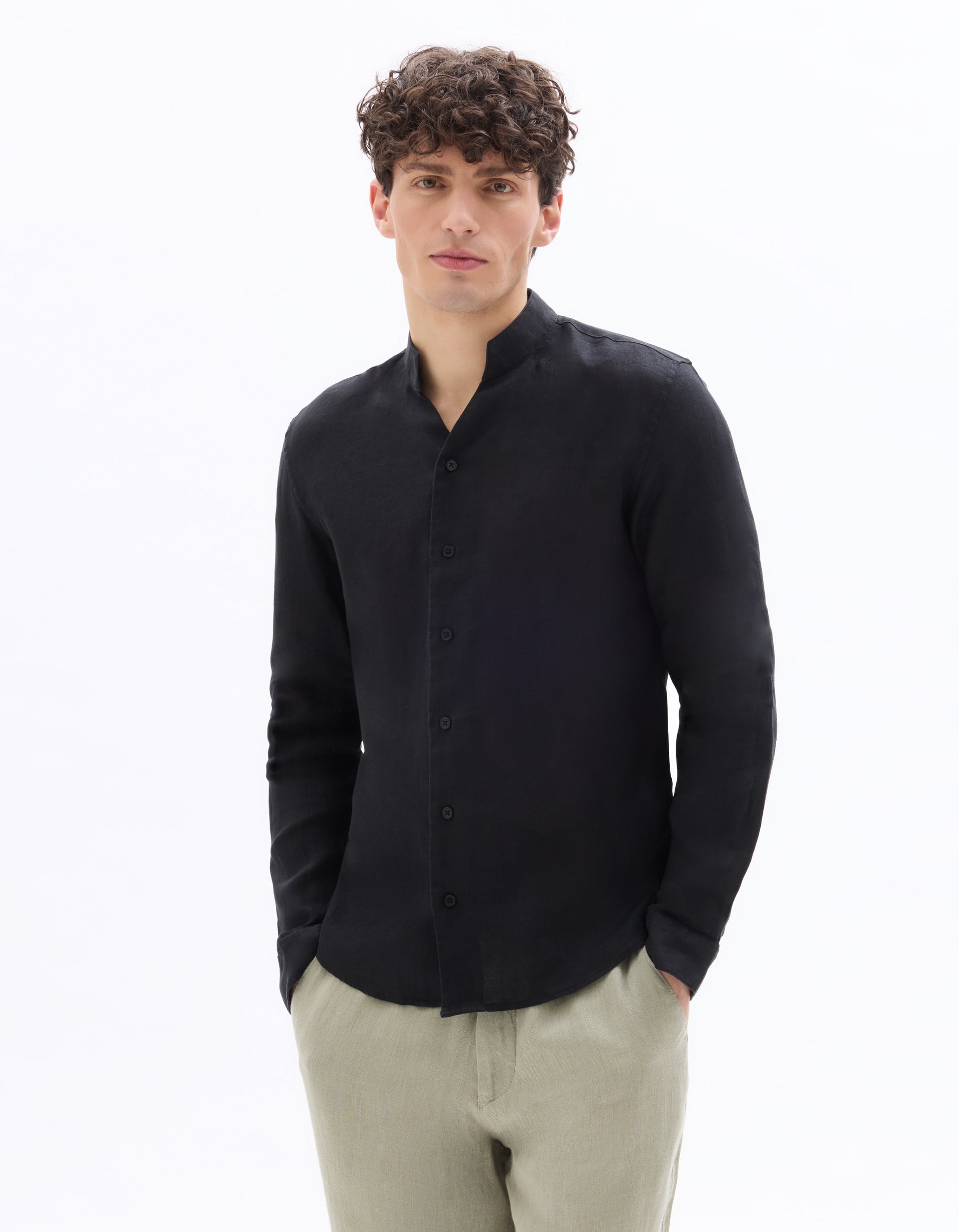Celio Regular Fit Stand-Up Collar 100% Linen Shirt - Black