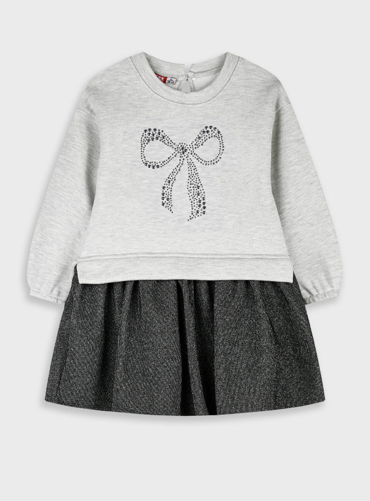 Cotton Blend Girl Dress - Grey Melange