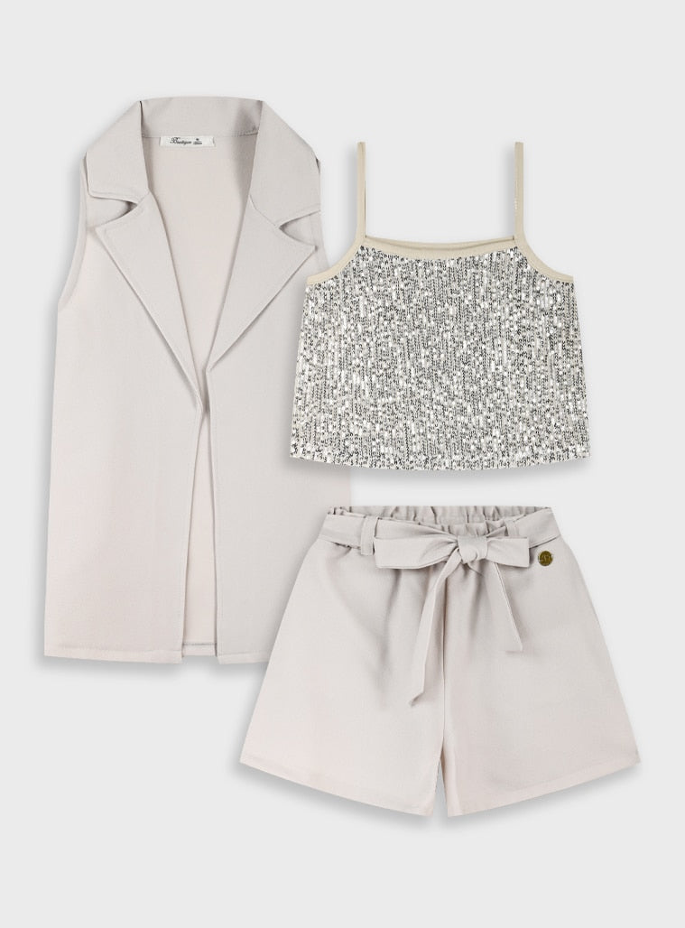 Yellow 3 Pcs.Set(Top,Shorts,Vest) for Girls