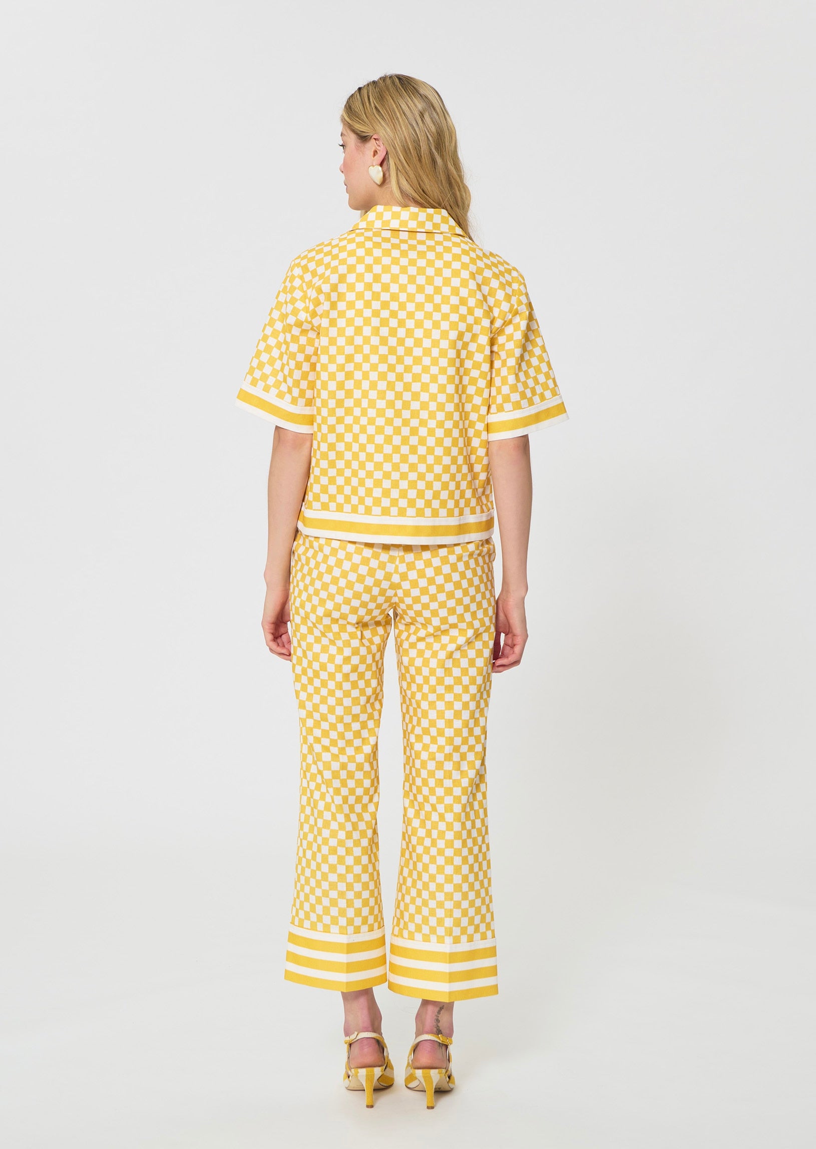 shirt in yellow checkered pattern linen