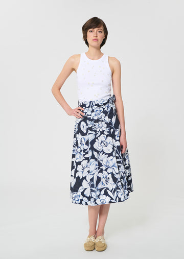 skirt in midnight blue floral printed cotton