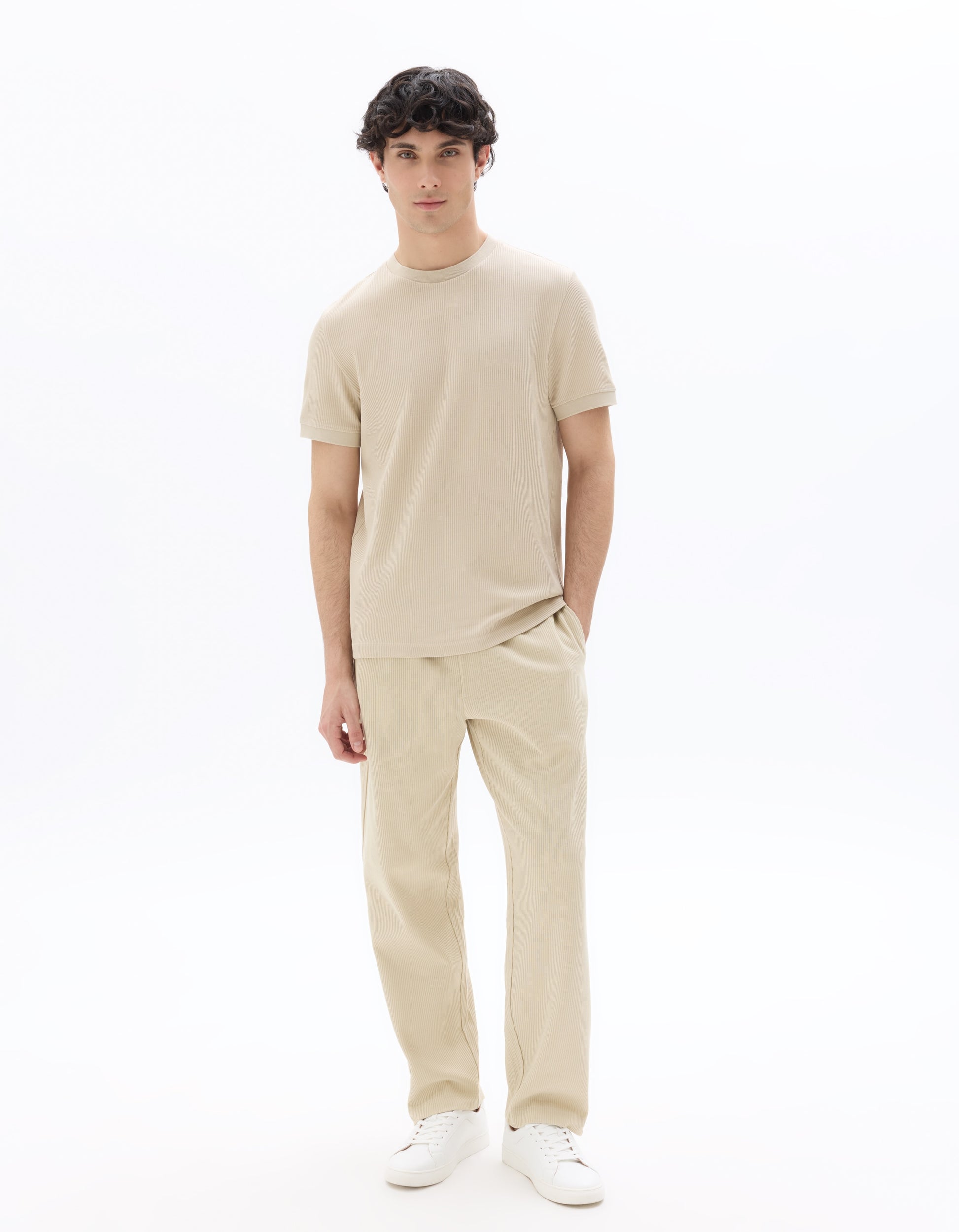 Celio Regular Fit 100% Cotton Ribbed Knit Joggers - Beige