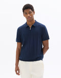 Celio Striped Zip-Neck Polo - Navy