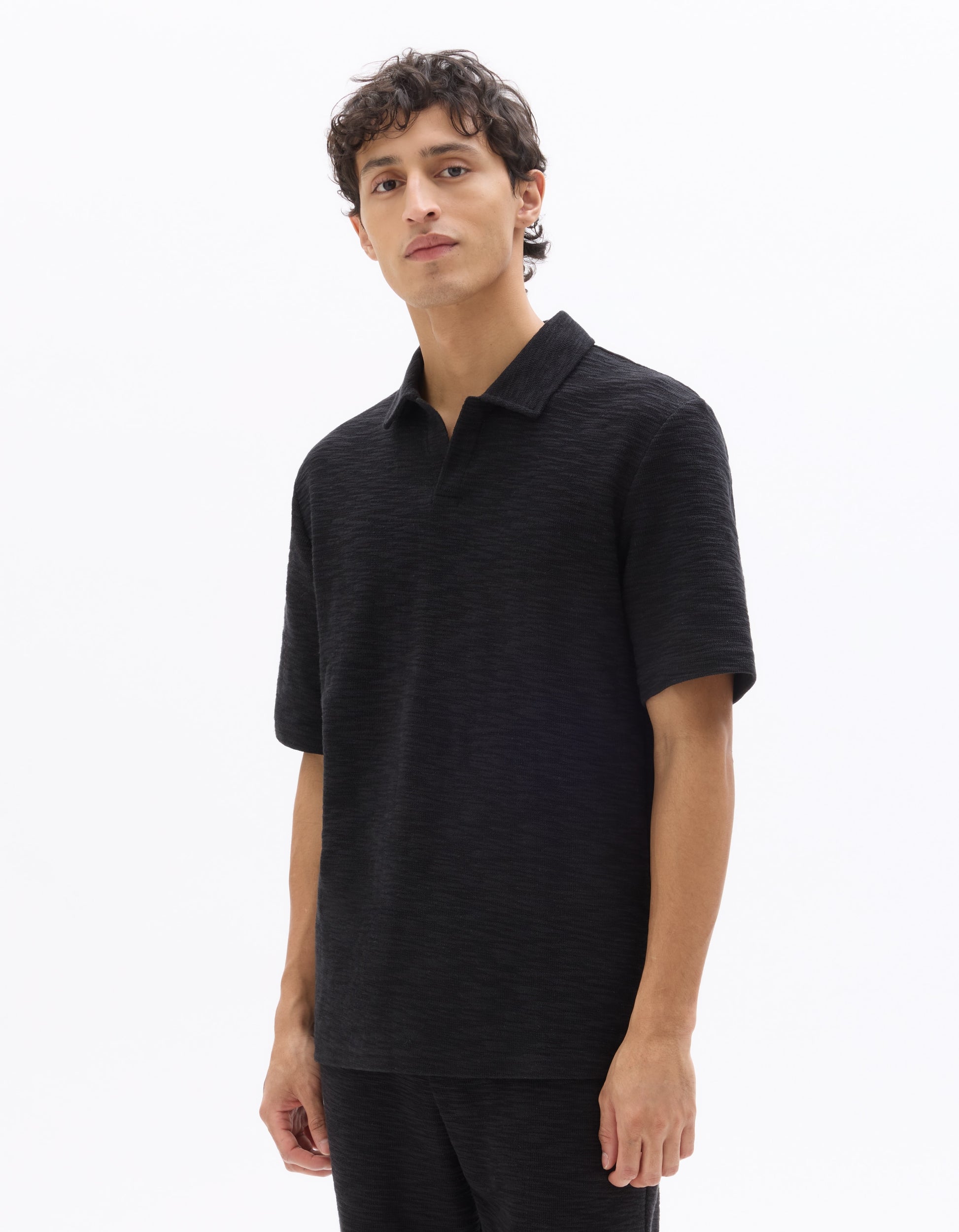 Celio Regular Fit Cuban Collar Terry Polo - Black