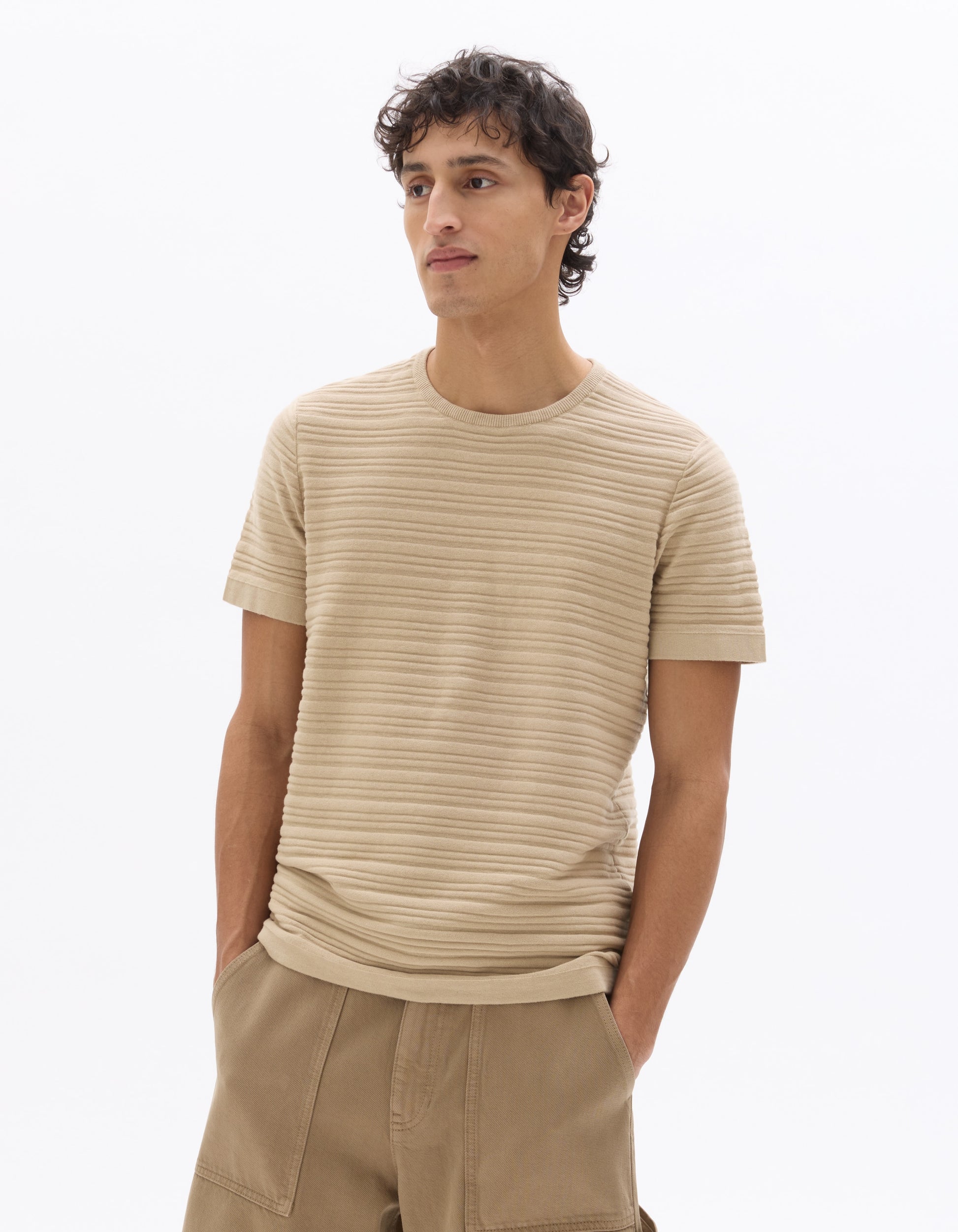 Celio 100% Cotton Regular Fit Textured Knit T-shirt - Beige
