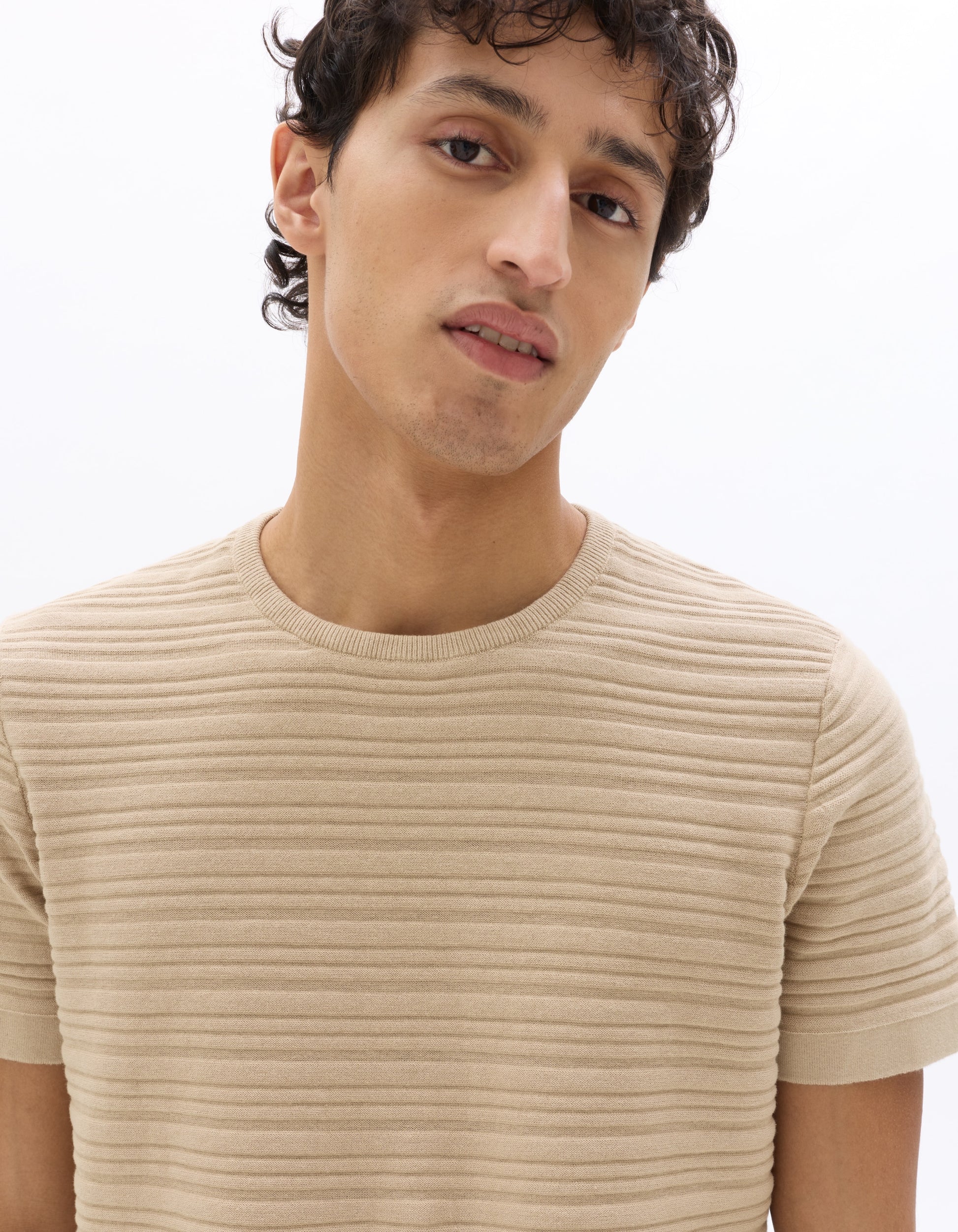 Celio 100% Cotton Regular Fit Textured Knit T-shirt - Beige