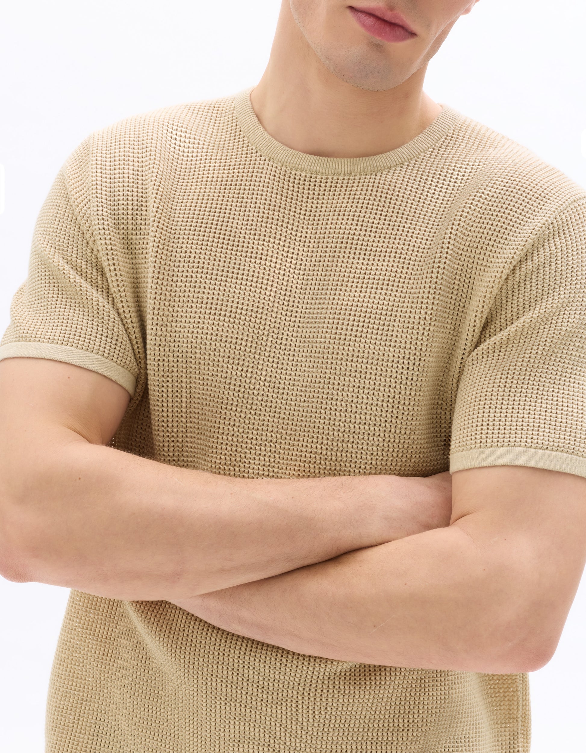 Celio Regular Fit Crew Neck 100% Cotton Pointelle Knit T-shirt - Beige