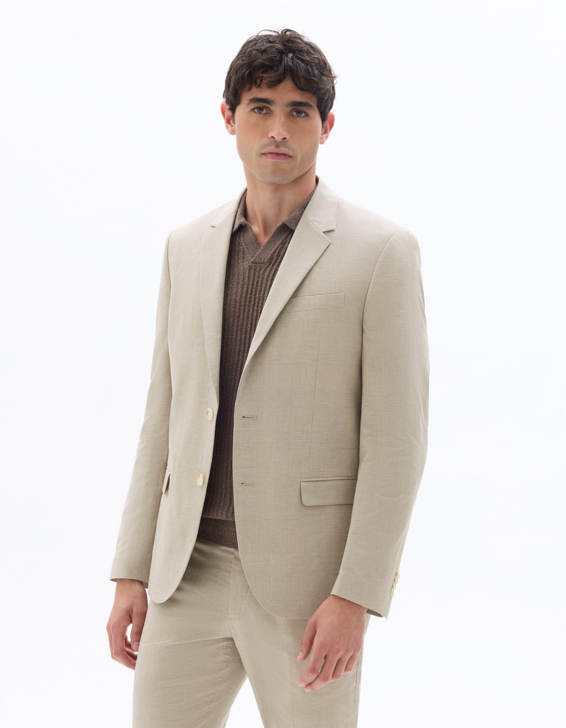Slim Fit Checked Cotton and Linen Blend Suit Jacket