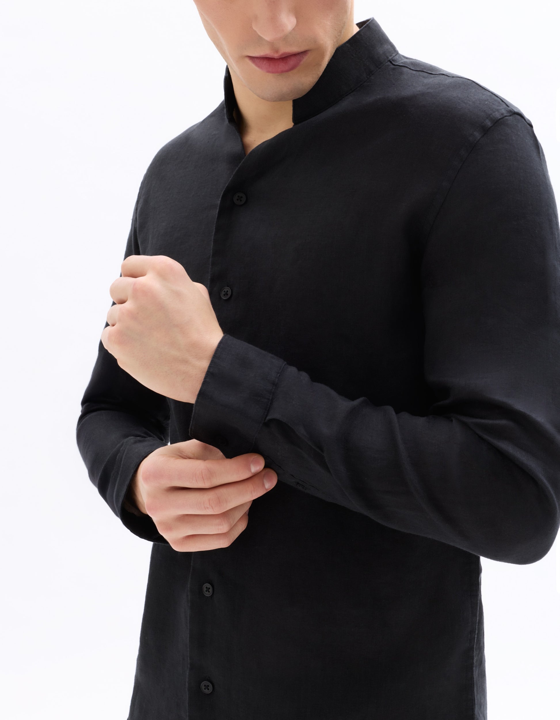 Celio Regular Fit Stand-Up Collar 100% Linen Shirt - Black