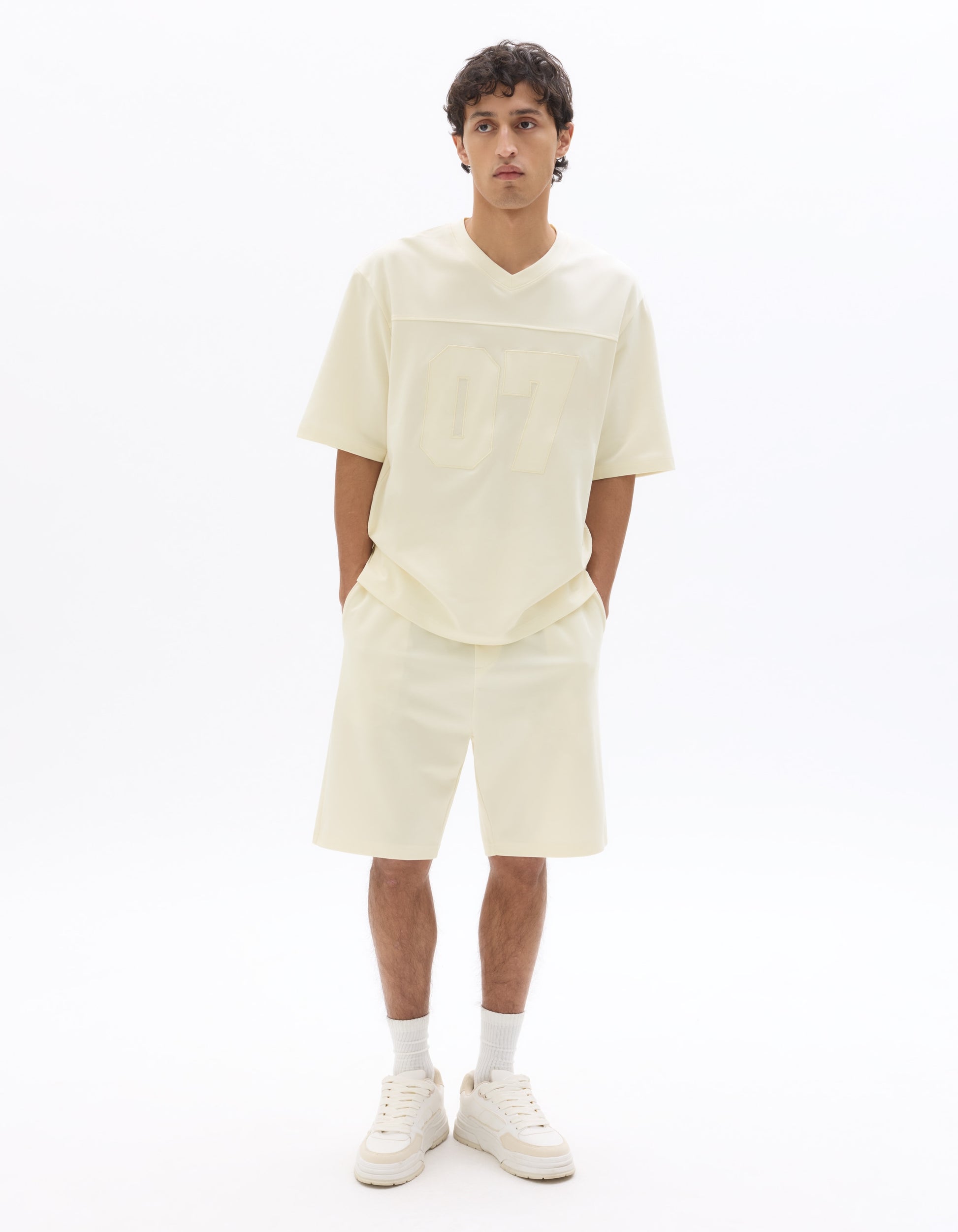 Celio White Oversized V-Neck Interlock T-Shirt with 07 Embroidery - White