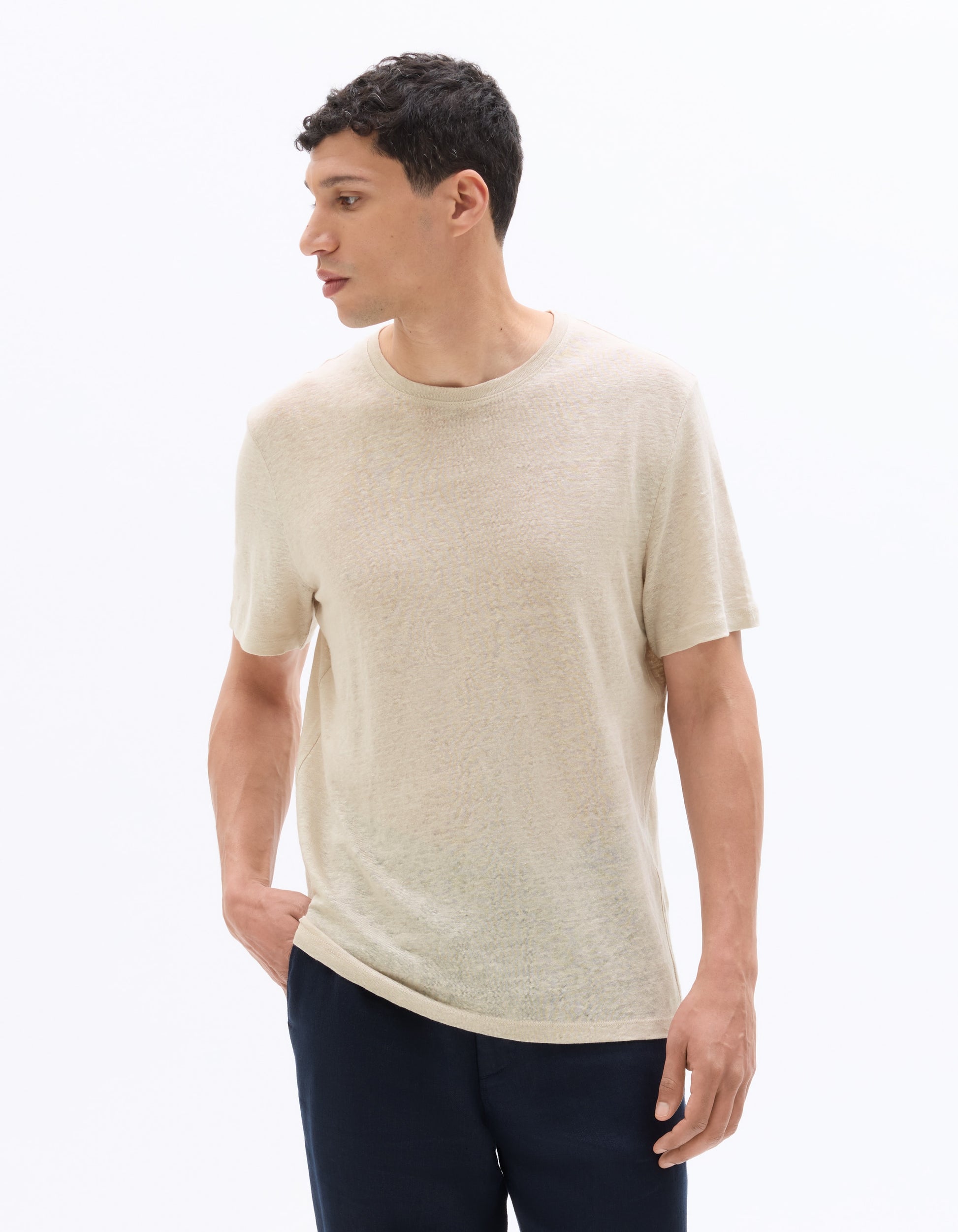 Celio Regular Fit Round Neck 100% Linen T-shirt - Beige
