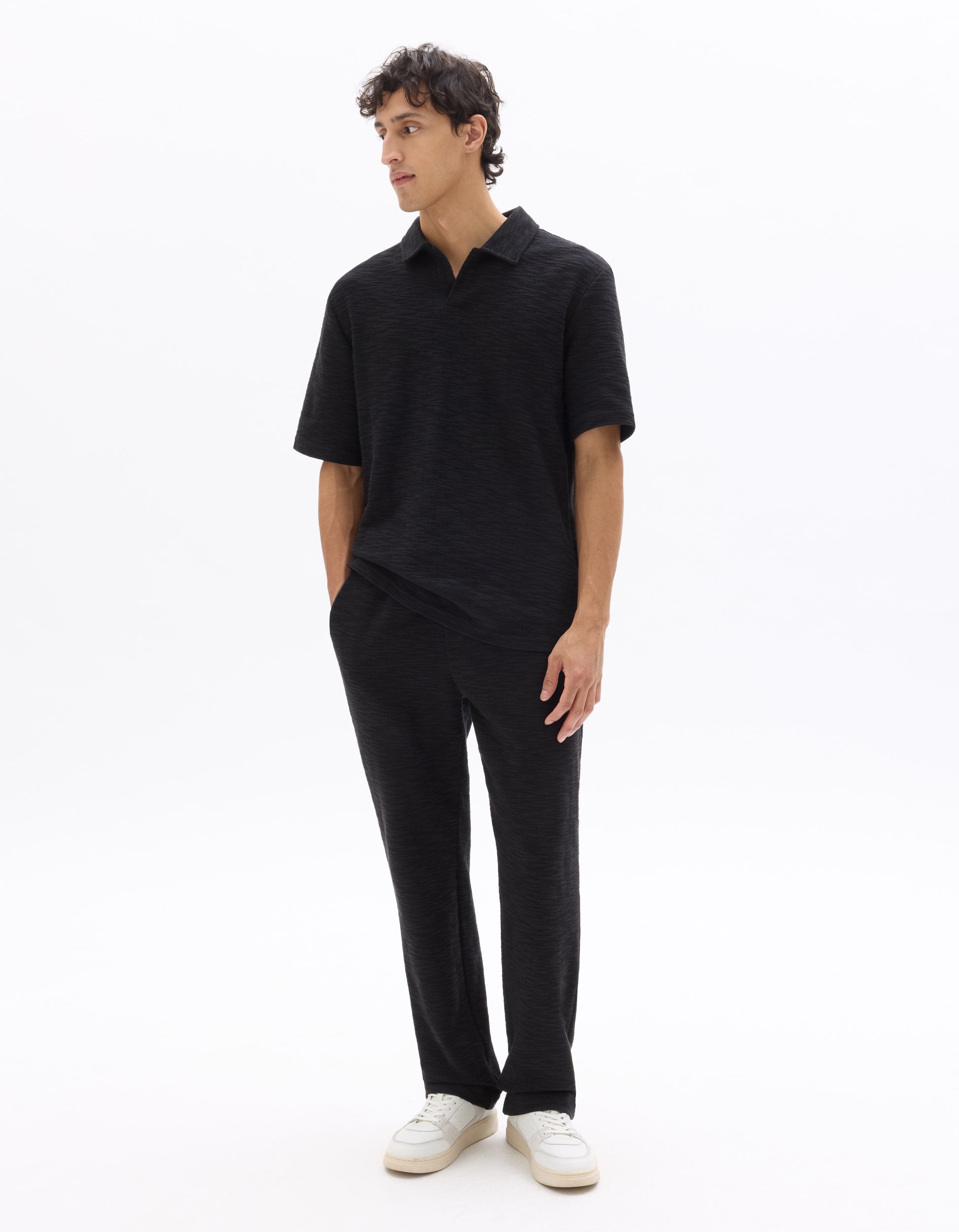 Celio Regular Fit Cuban Collar Terry Polo - Black