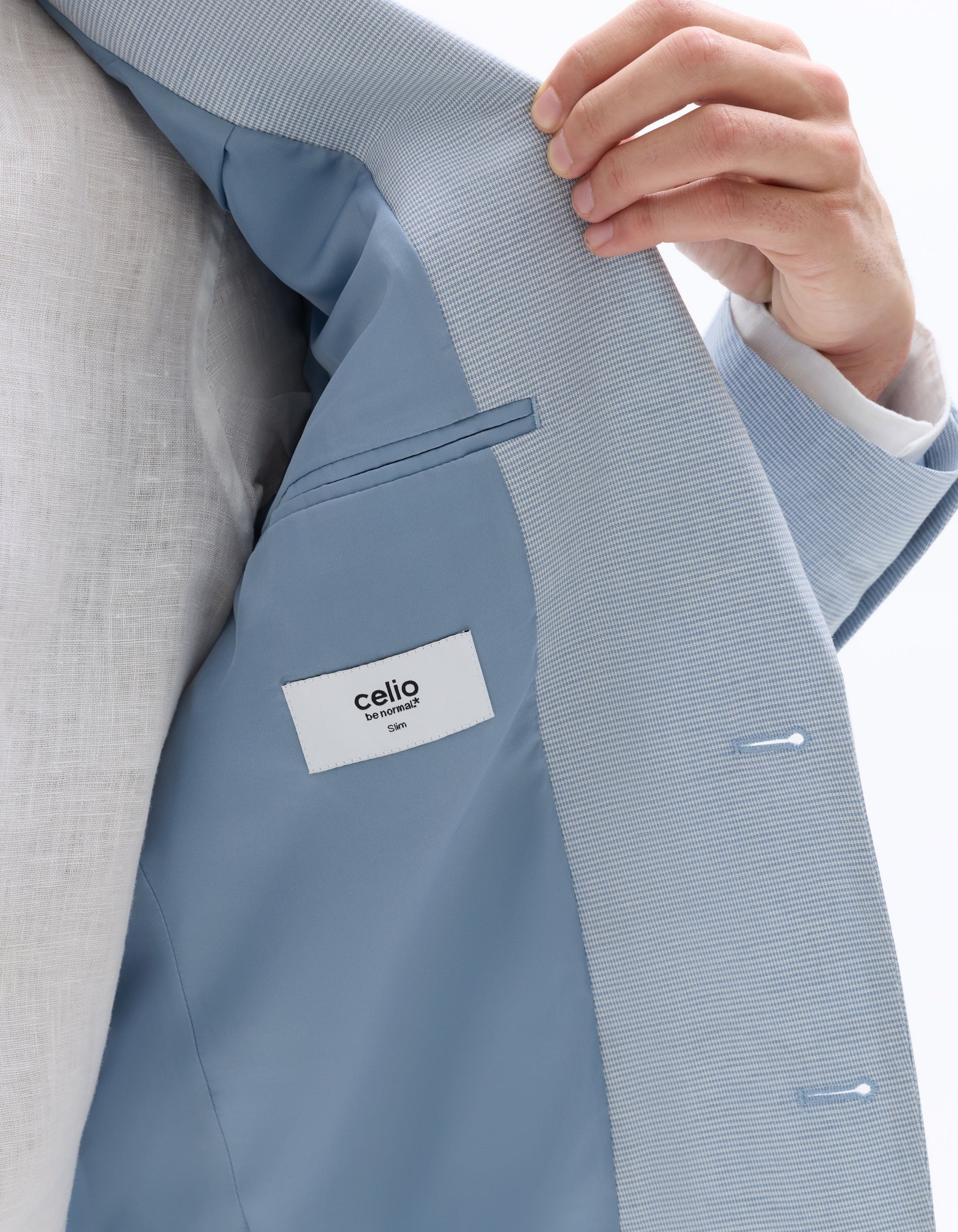 Blue Slim Fit Checked Cotton and Linen Suit Jacket Celio