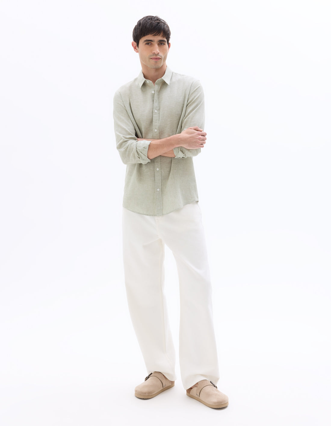 Celio Regular Fit French Collar Linen and Cotton Shirt - Green