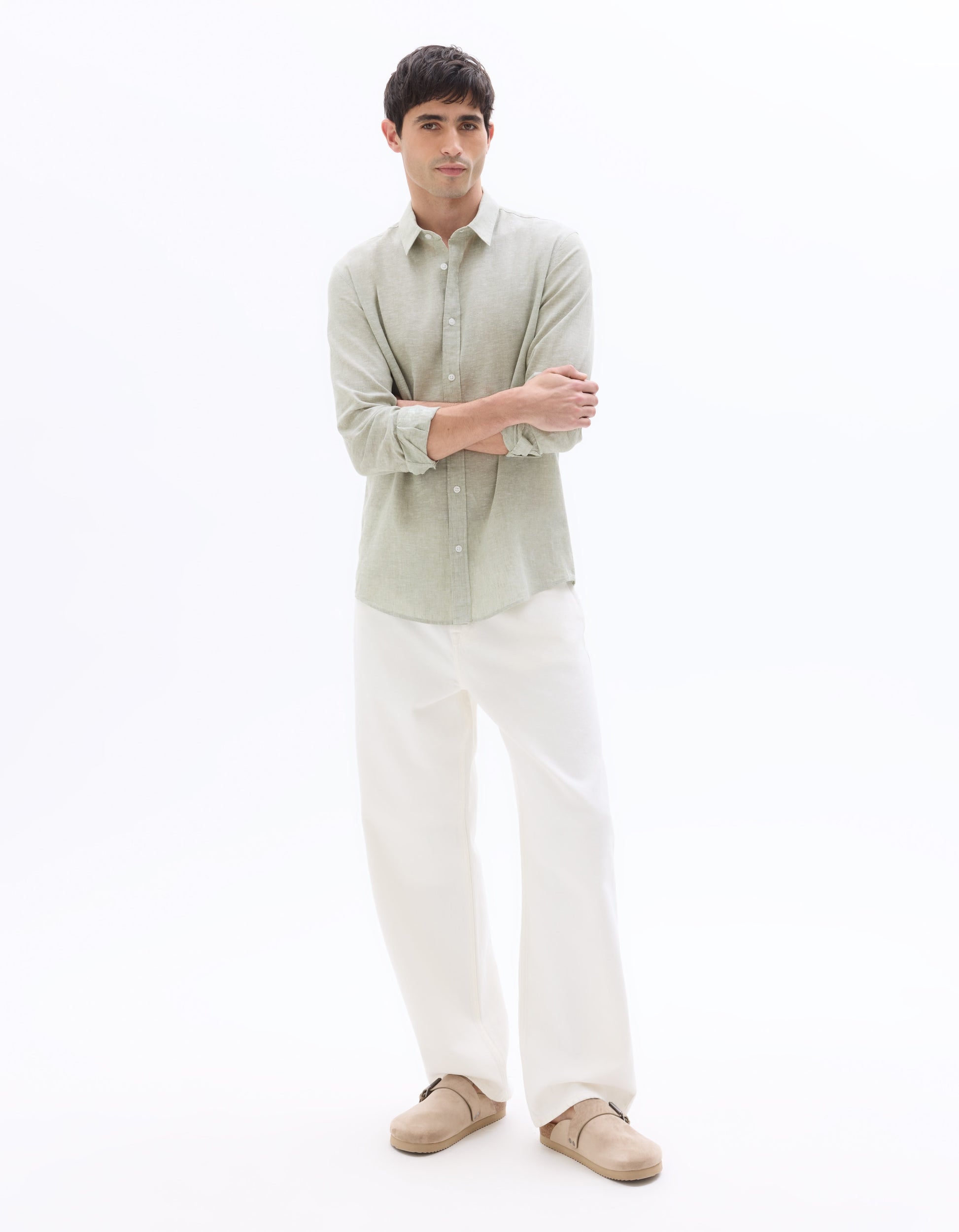 Celio Regular Fit French Collar Linen and Cotton Shirt - Green