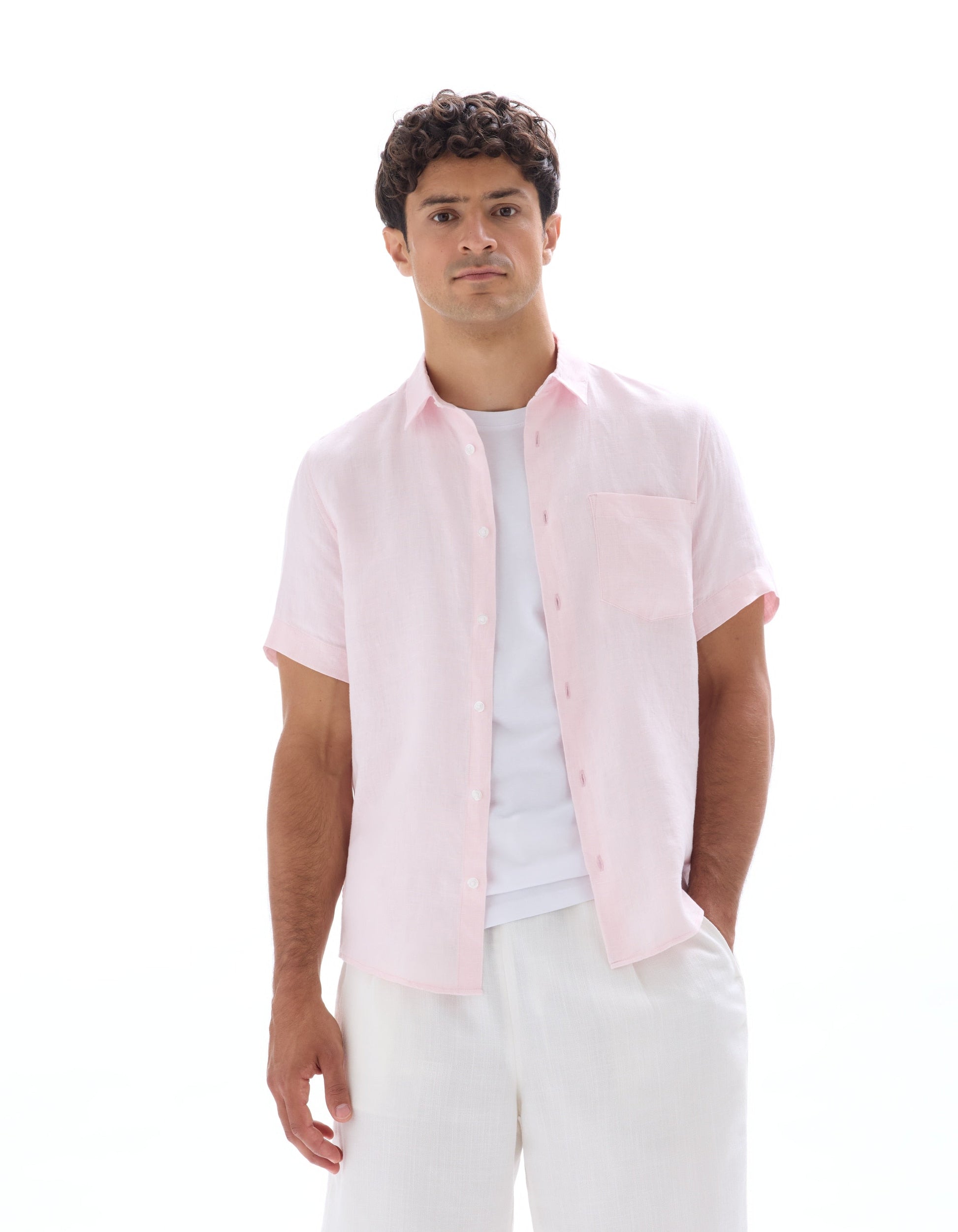 100% Linen Regular Fit Pink Short Sleeve Shirt Celio