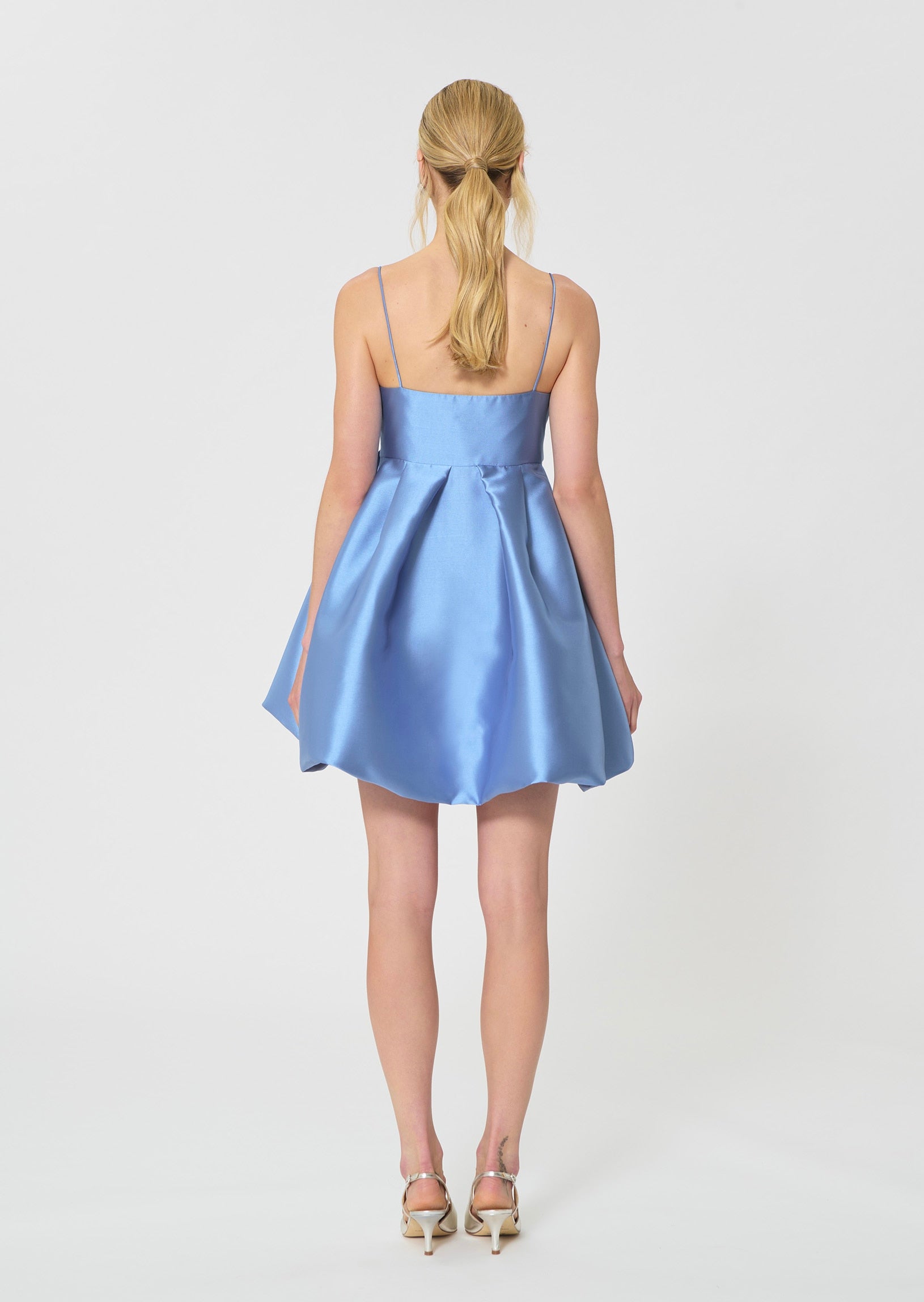 dress in sky blue duchess satin