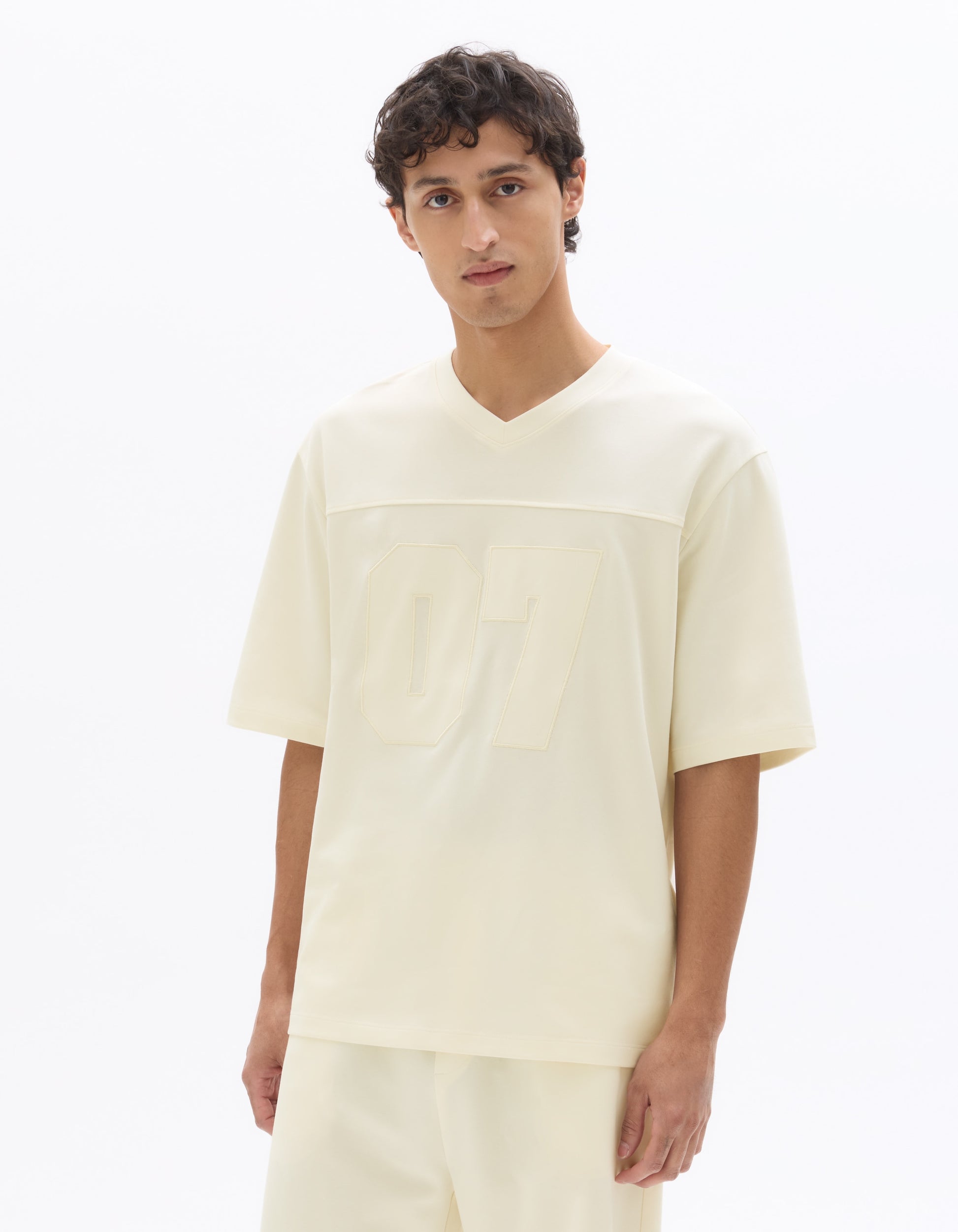 Celio White Oversized V-Neck Interlock T-Shirt with 07 Embroidery - White