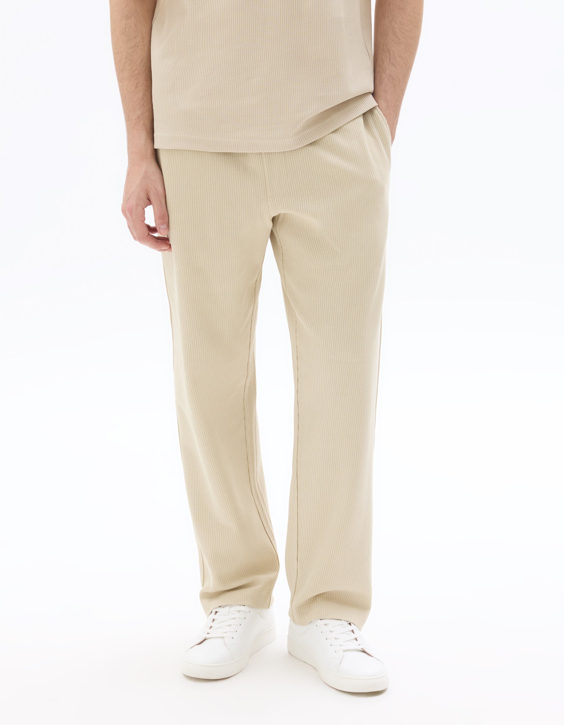 Celio Regular Fit 100% Cotton Ribbed Knit Joggers - Beige