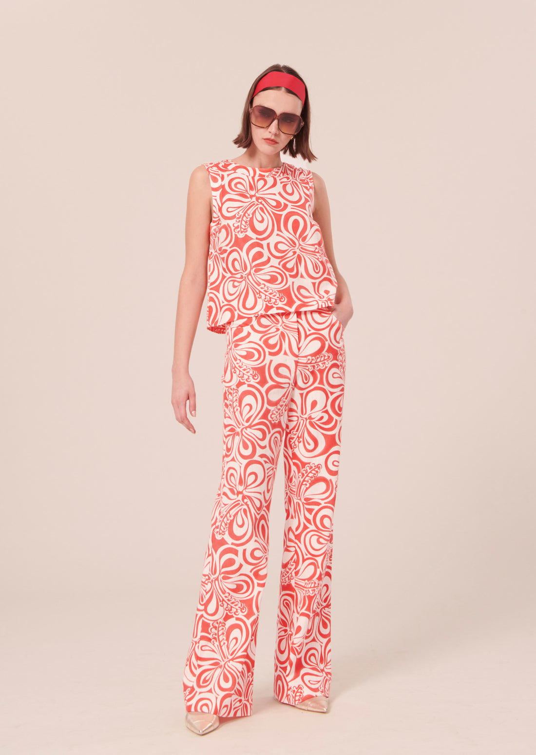 Prosper ecru with coral graphic design pants by Tara Jarmon Lebanon
