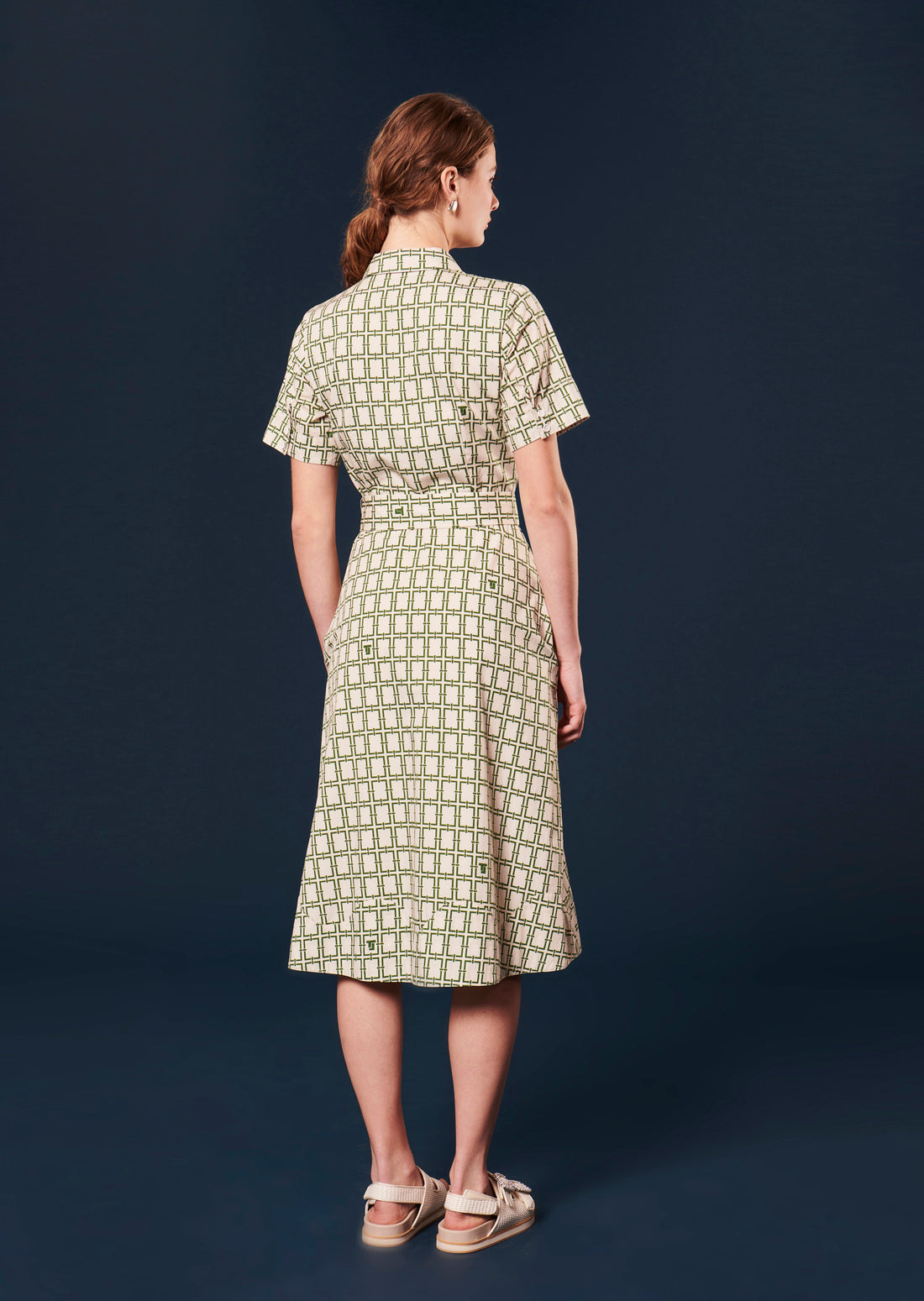 Retronie ecru with green graphic design dress by Tara Jarmon Lebanon