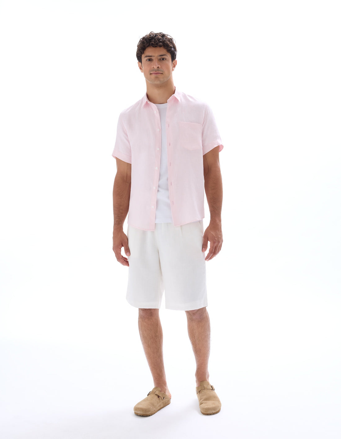 100% Linen Regular Fit Pink Short Sleeve Shirt Celio