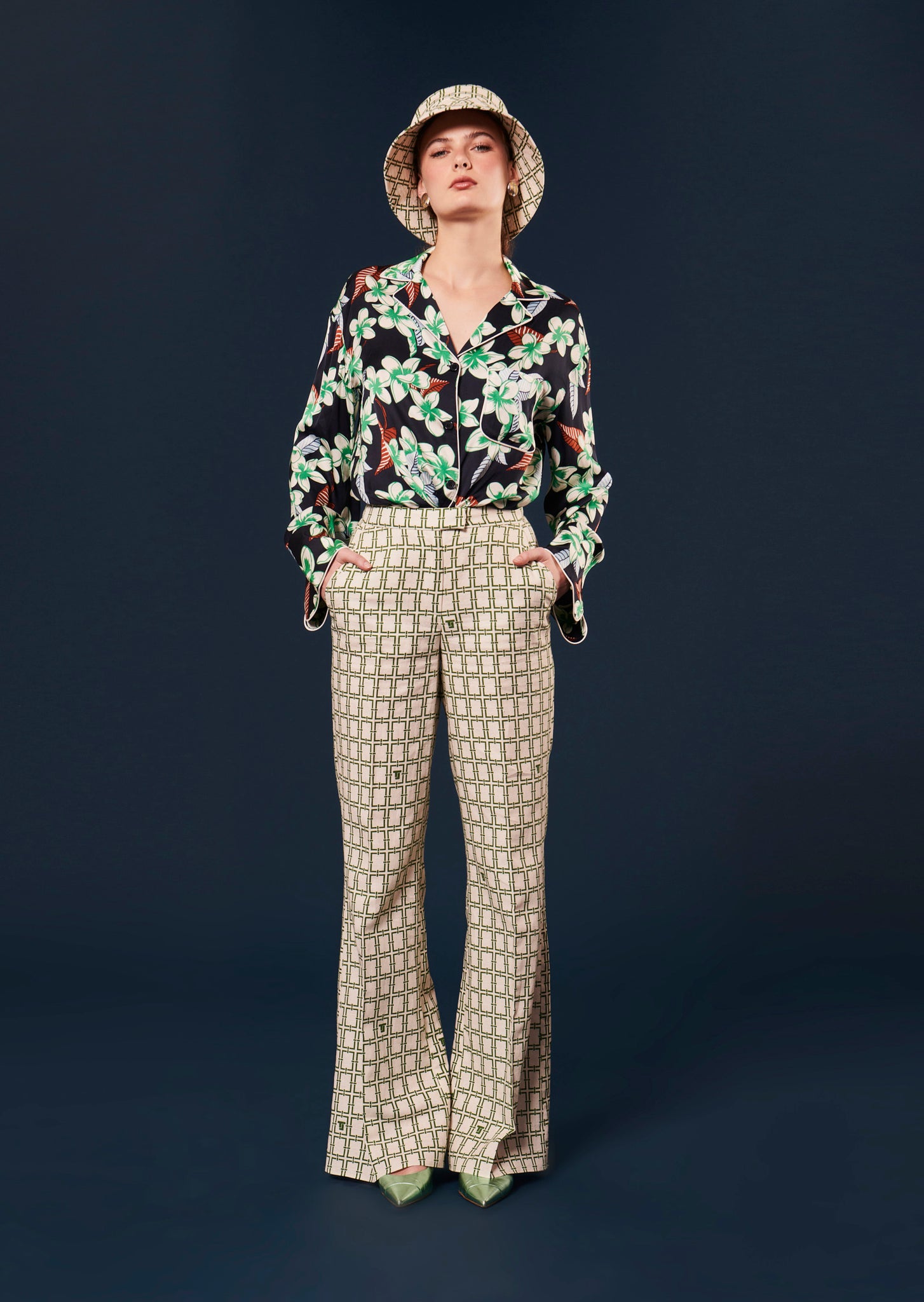 Primavera ecru with green graphic design pants by Tara Jarmon Lebanon