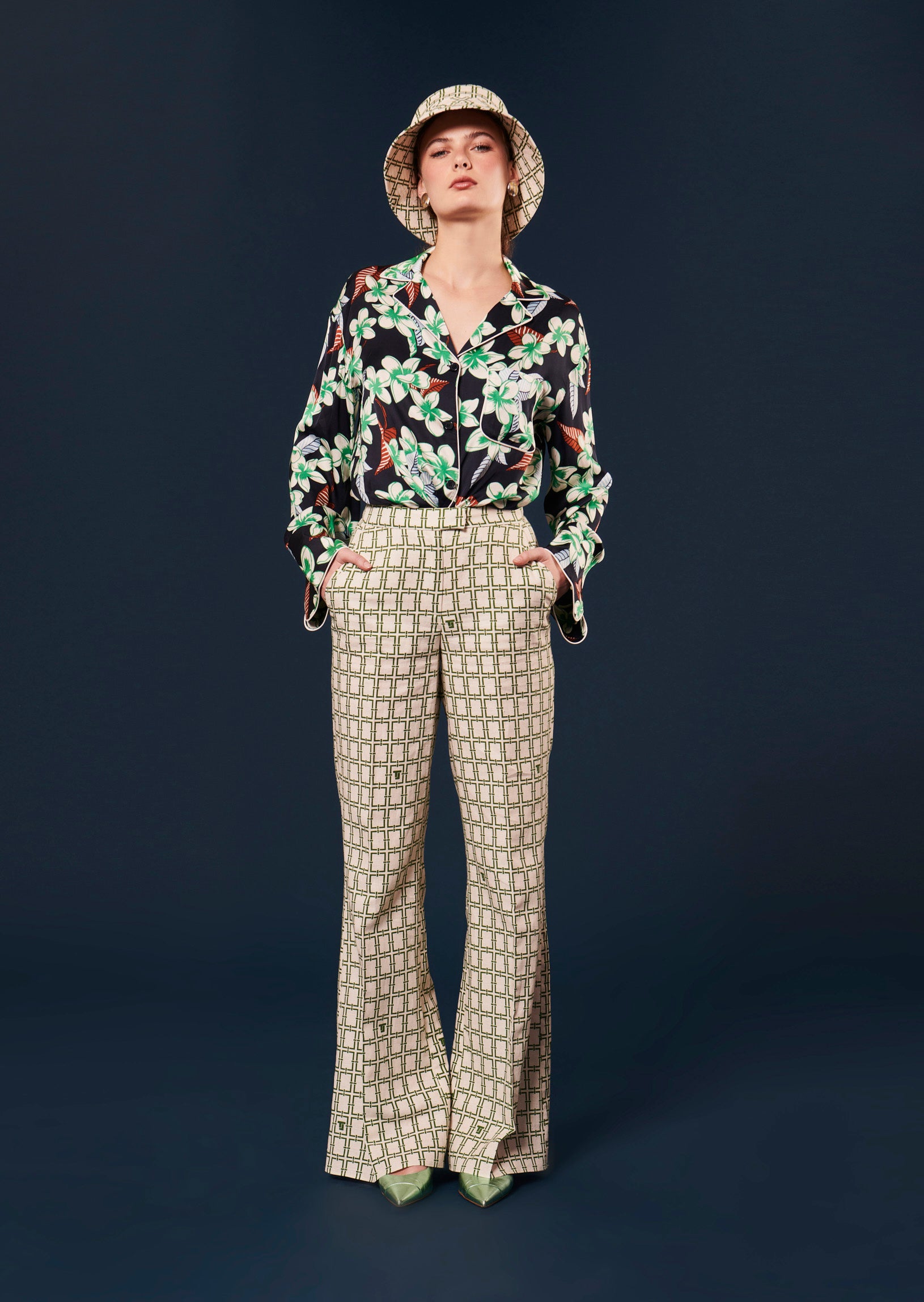Primavera ecru with green graphic design pants by Tara Jarmon Lebanon