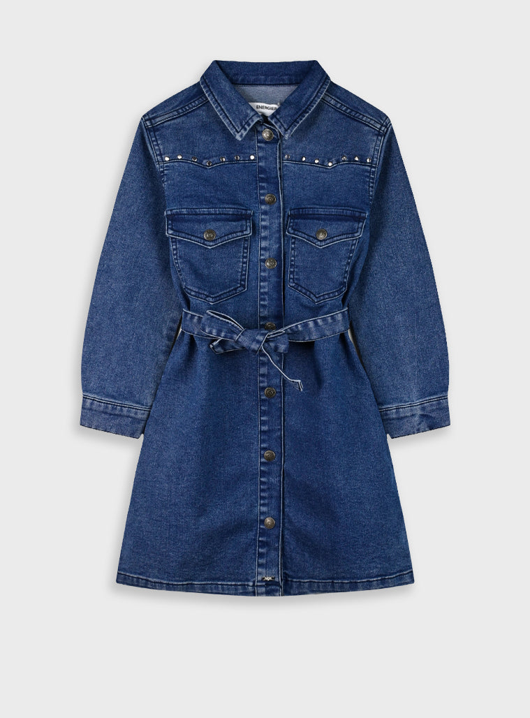 Cotton Blend Girl Dress - Blue Denim
