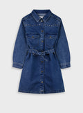 Cotton Blend Girl Dress - Blue Denim