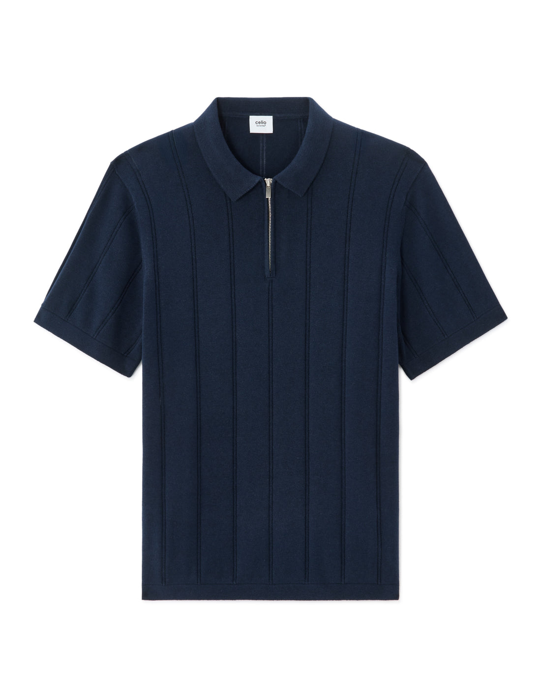 Celio Striped Zip-Neck Polo - Navy