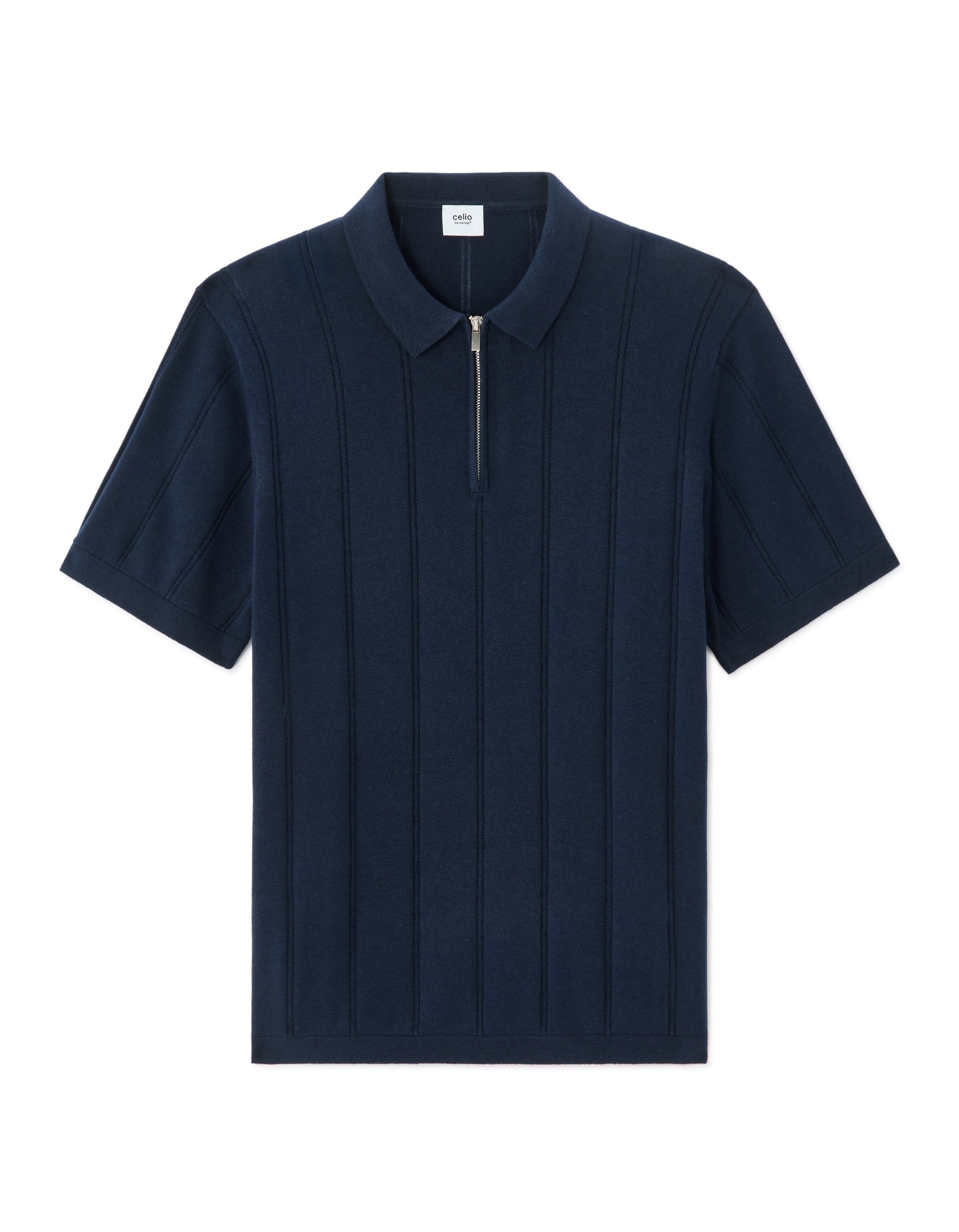 Celio Striped Zip-Neck Polo - Navy